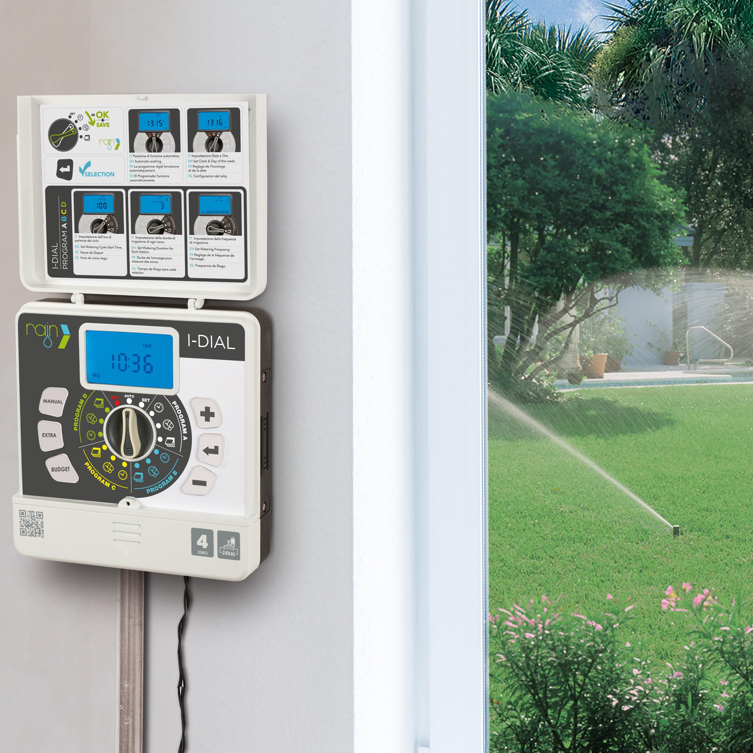 Centralina Irrigazione 4 zone per interno | Programmatore Indoor Rain I-Dial 24 VAC | Trasformatore esterno 220 Schermo retroilluminato | Impianto di irrigazione automatico per elettrovalvole