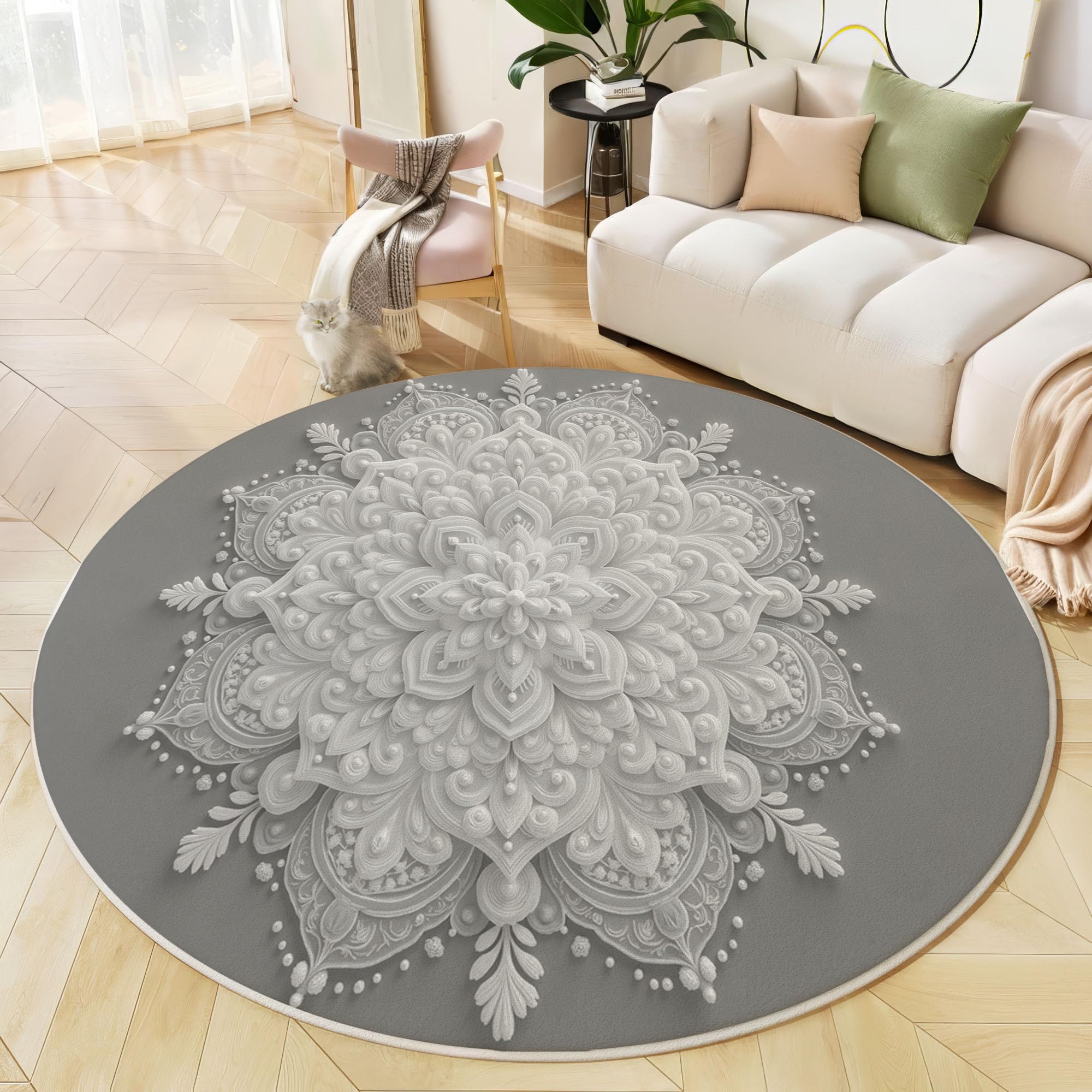Tapis rond mandala 180 cm gris salon chambre fleurs relief 3D