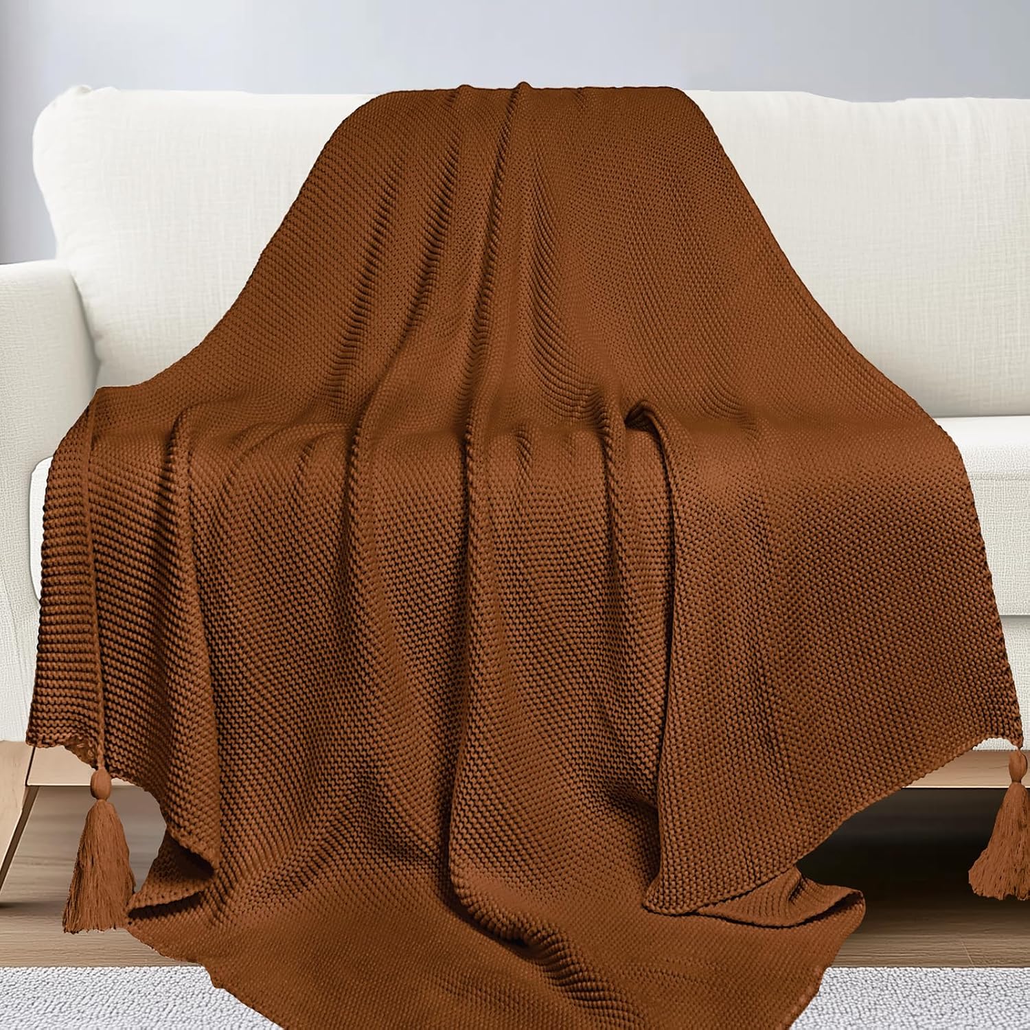 MACEVIA Throw Blanket Super Soft Cozy Fuzzy, Knitted Throw Blanket 50" x 60" for Couch Brown Blanket for Bed Sofa Chair Camping Travel (Brown)