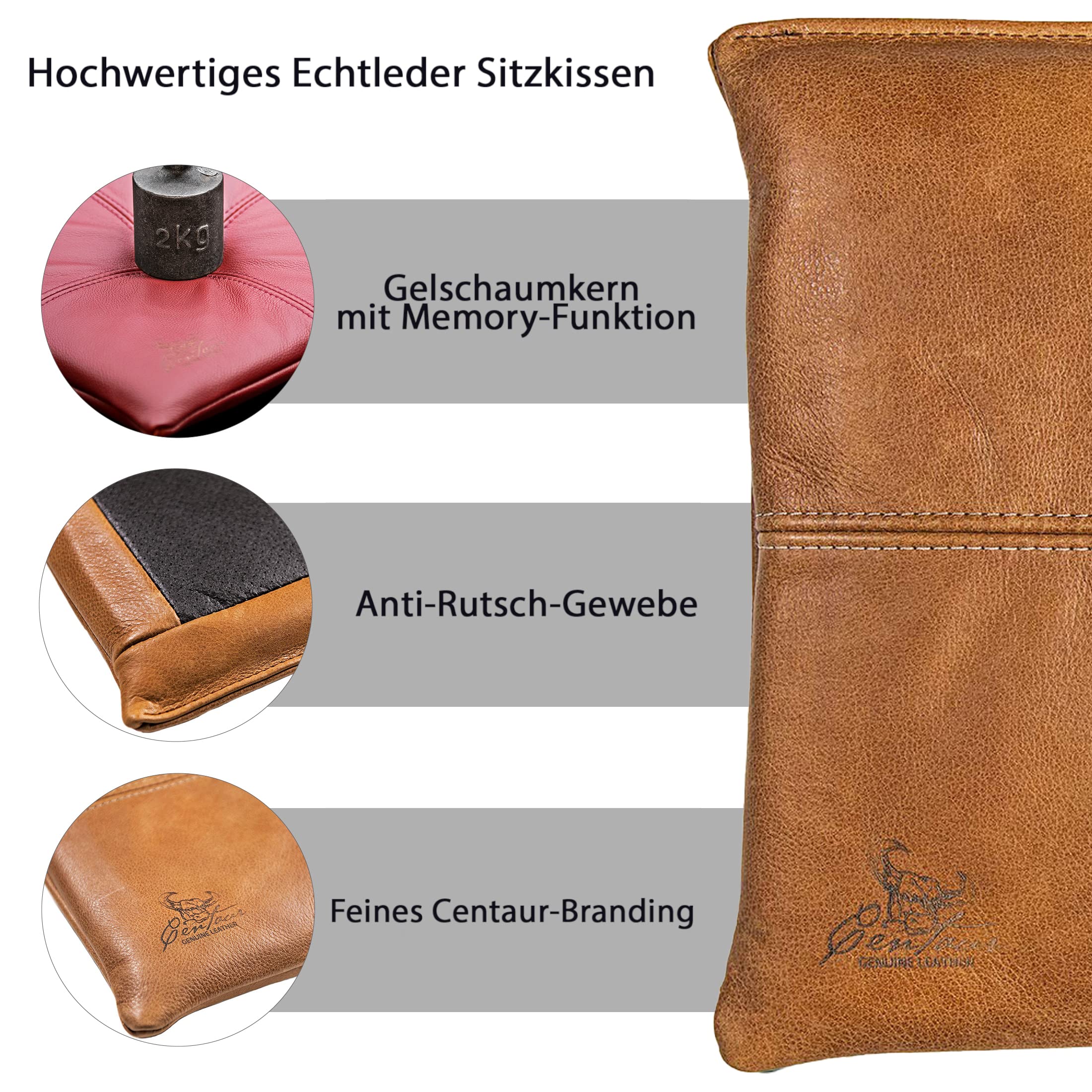Centaur - Hochwertiges Leder Sitzkissen - Cognac Vintage 35x35 cm - Ideal für Stuhl oder Sitzbank - Abwaschbare Echtleder Stuhlkissen - Pflegeleichte Sitzauflage