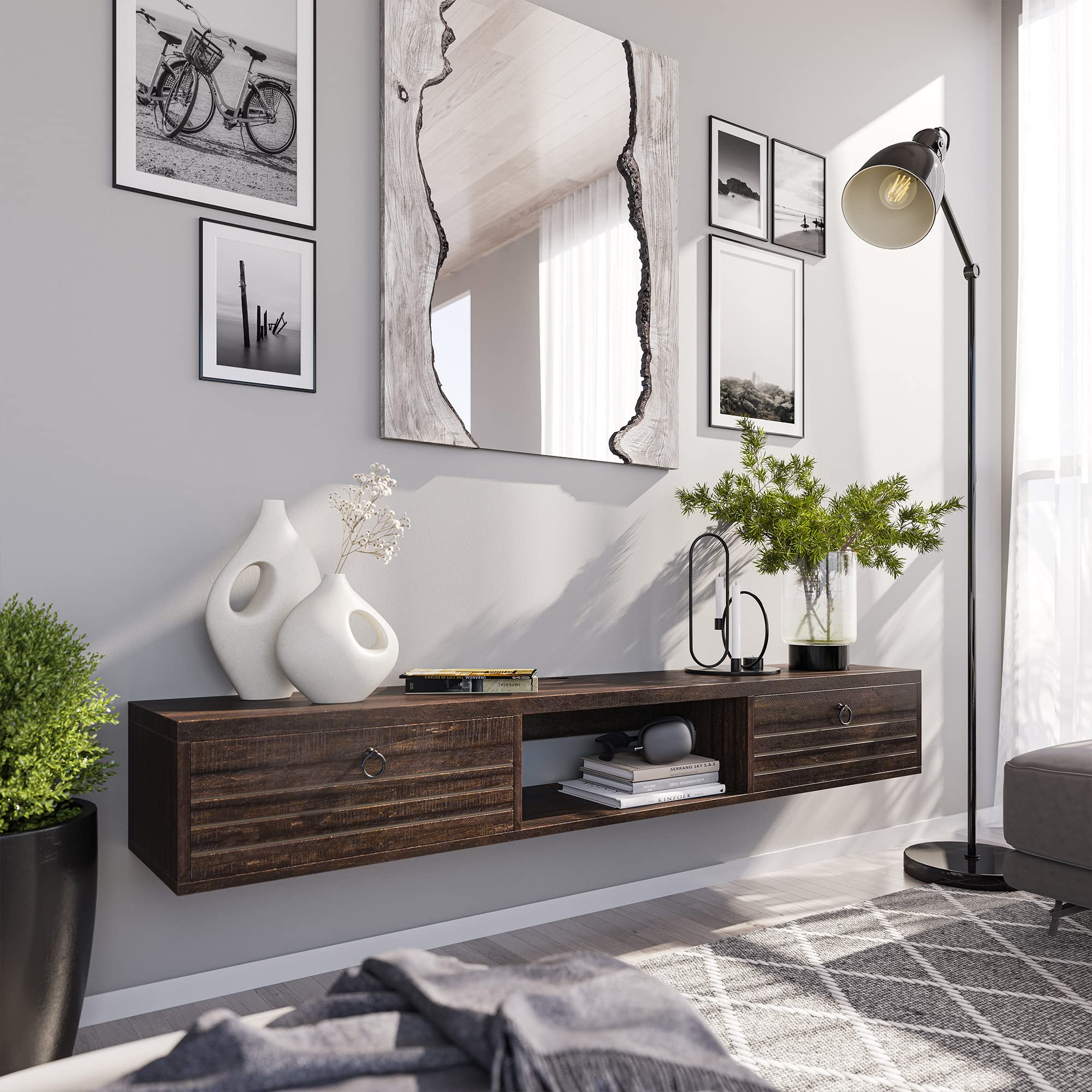 BELLEZE Modern Floating Wall Mounted 63 Inch TV Console with Built-in Shelf & Compartments, Space Saving Decorative Contemporary Media Storage, for Up to 100lbs - Langston (Espresso)