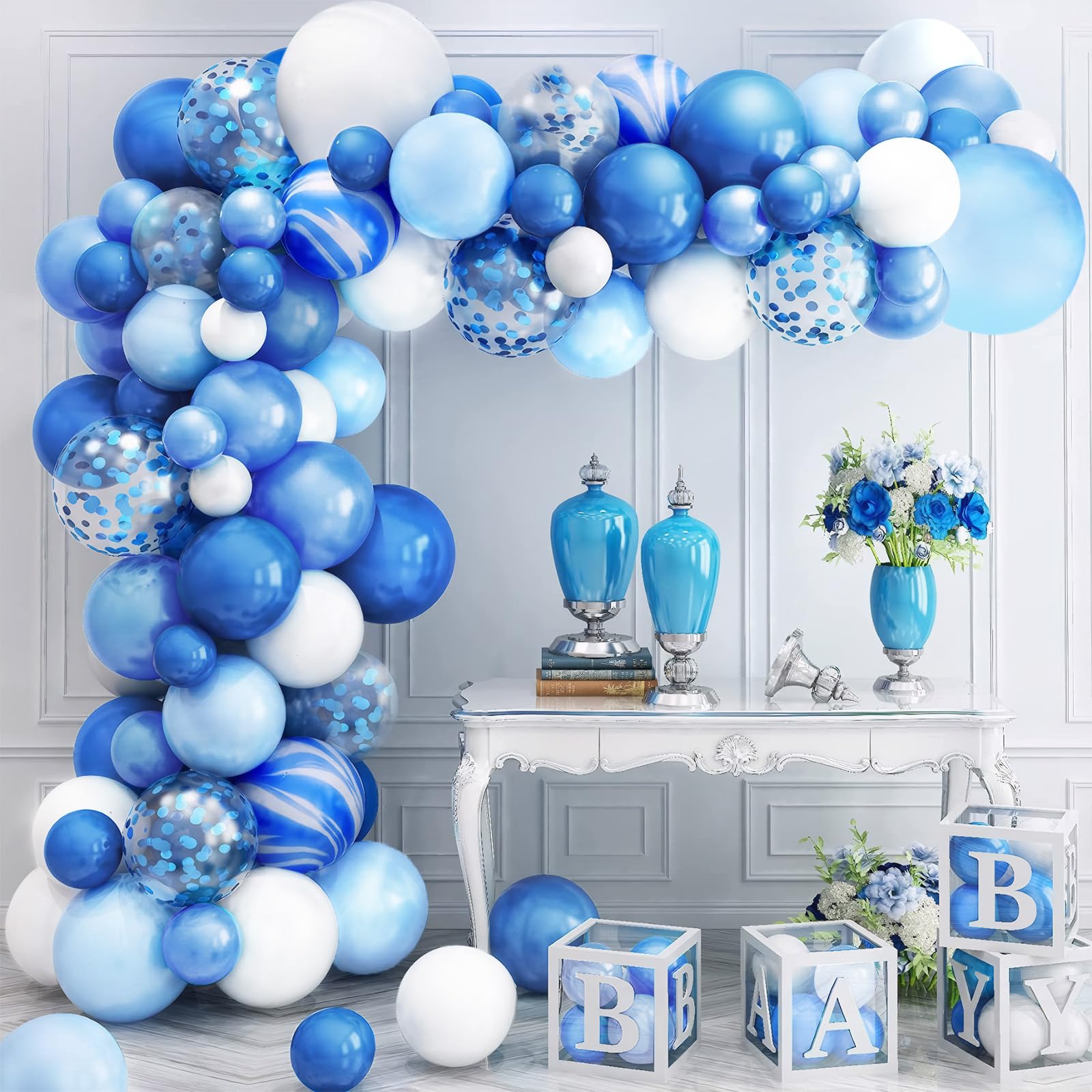 Zhiaek 100pcs Blue Balloons Arch Kit Metallic Blue Balloons and White Balloon Garland for Baby Shower Birthday Party Decoration Gender Reveal Party