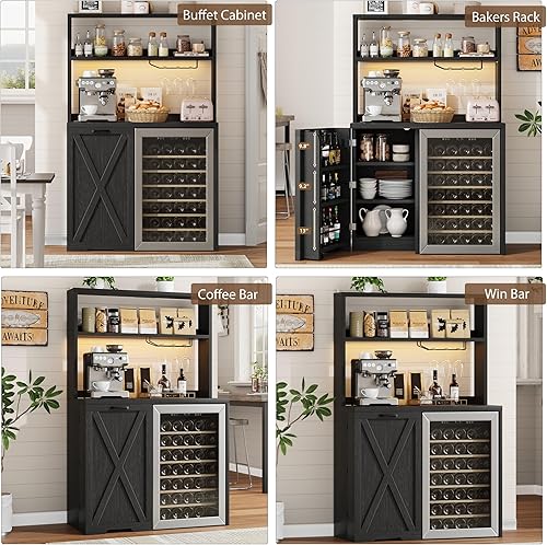 Miniatura 8 de Armario de barra de café con espacio para refrigerador, mini gabinete de nevera con tomas de corriente y soporte para vidrio, mini soporte para