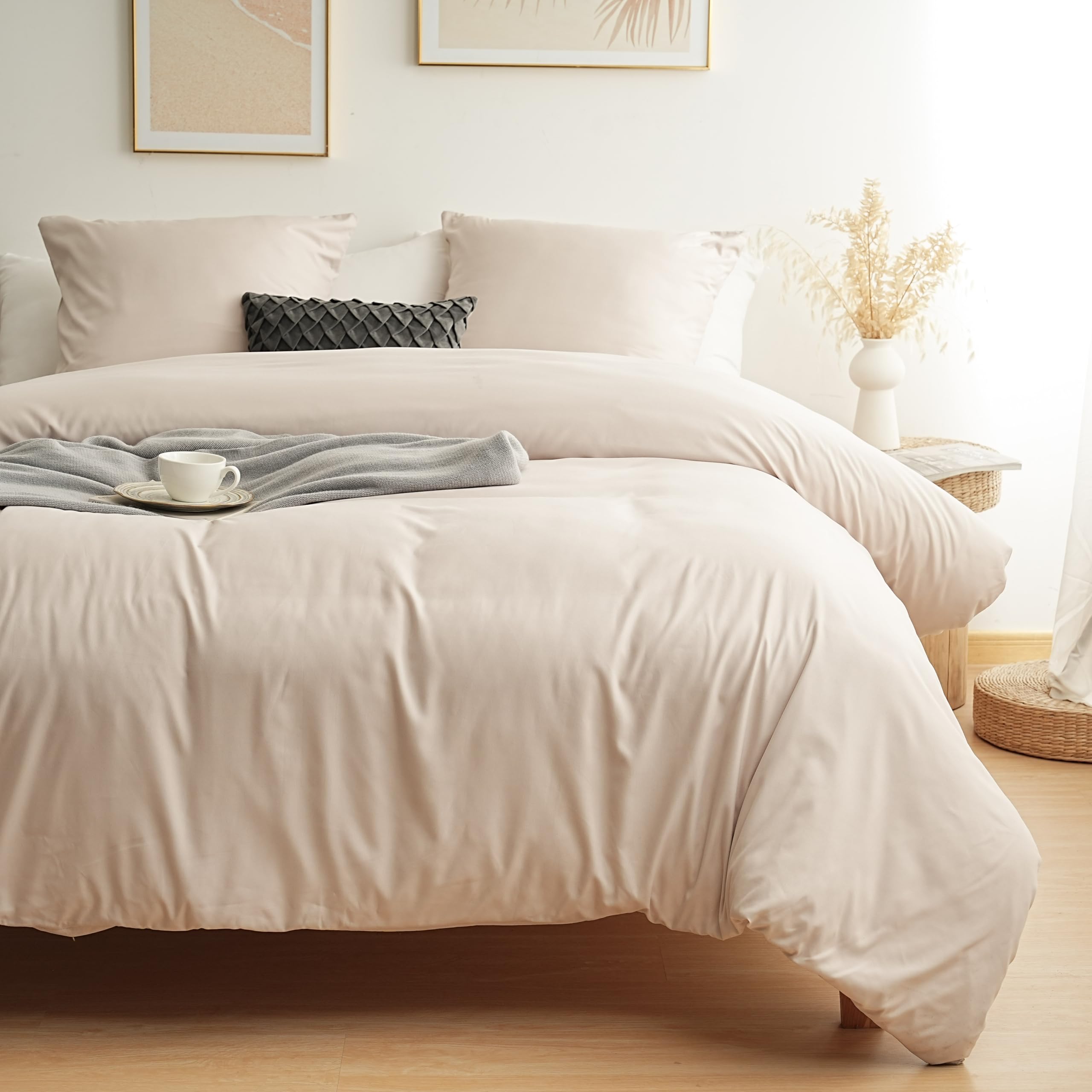 MOHAP Parure de Lit 4 Pièces Housse de Couette 220x240cm + Drap Housse 140x190/200cm avec 2 taies d'oreillers 65x65cm Beige pour 2 Personnes Parure 120 Fils/cm² en Microfibre