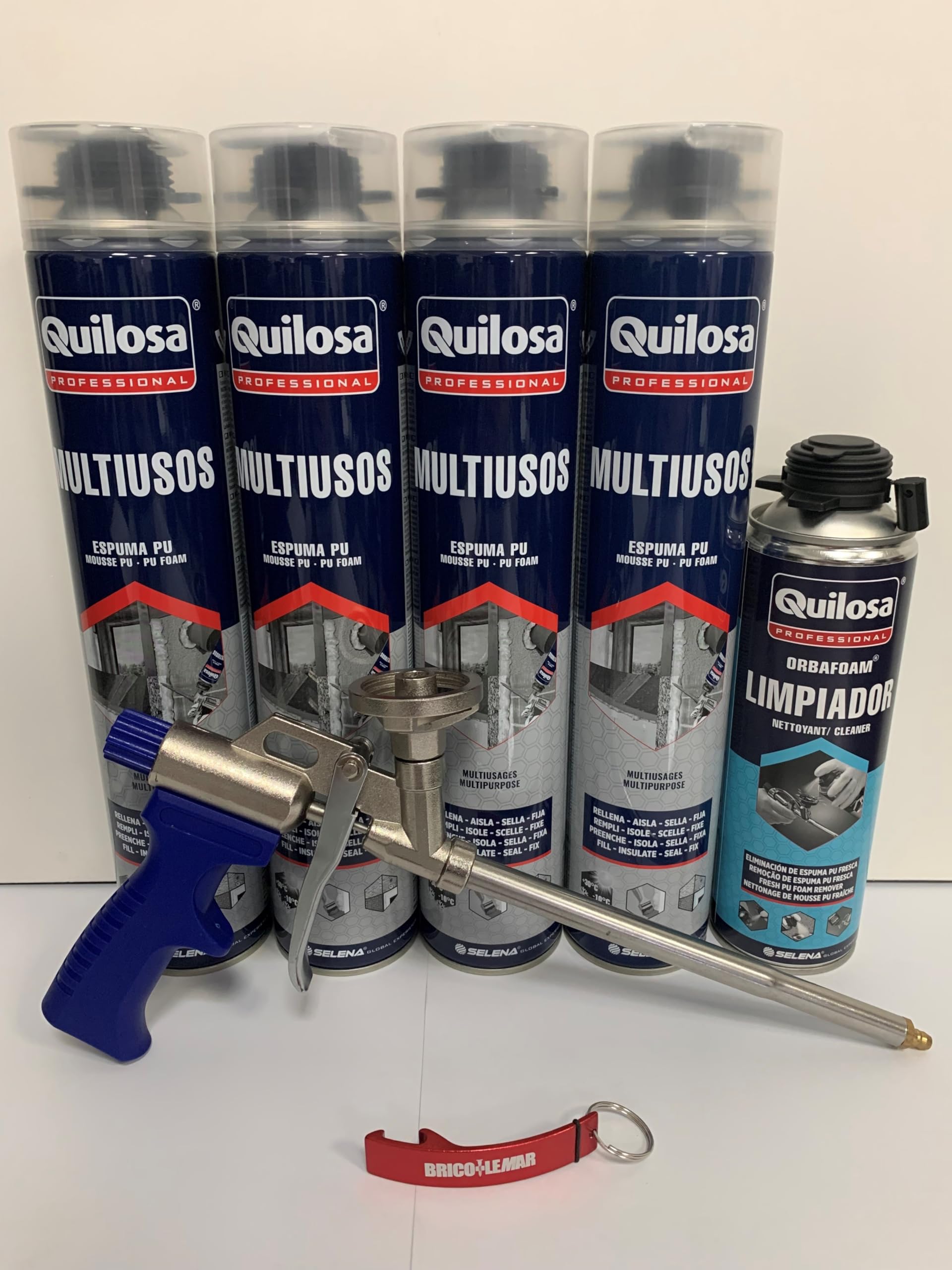 Kit 4 cartuchos Espuma Poliuretano Multiusos Quilosa+ Pistola + limpiador + Llaver Bricolemar