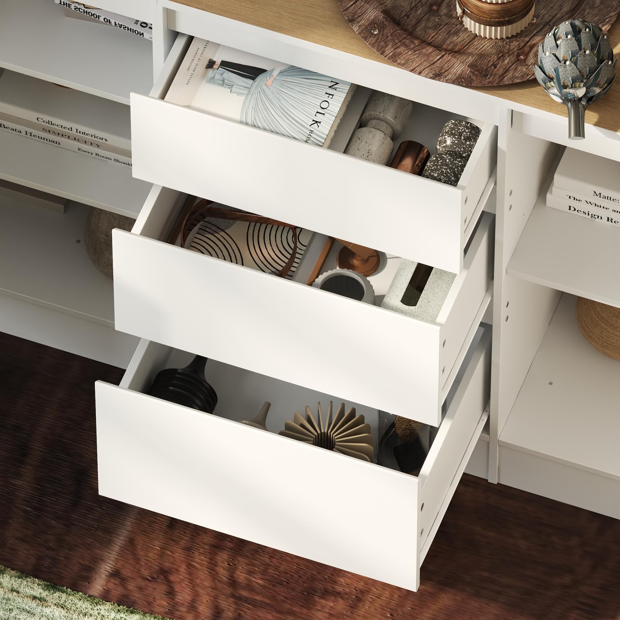 Mobile da 3 ante e 3 cassetti, credenza, credenza con ripiani, comò, armadio multifunzionale per la conservazione, per soggiorno, cucina, corridoio, 80 x 180 x 35 cm, MDF, bianco