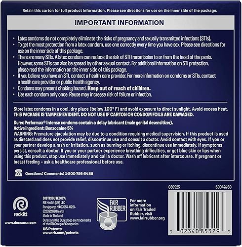 Miniatura 24 de Condones de látex natural intenso de Durex Performax, ultra finos, corrugados, hechos con lubricante para retardar.