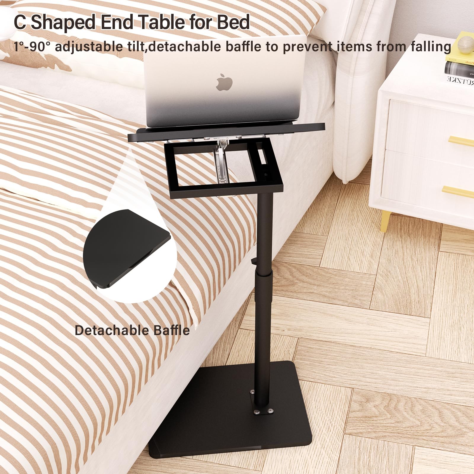 YUHFERA Mesa auxiliar con reposabrazos de sofá para sofá, mesa auxiliar giratoria de 360° de altura ajustable para espacios pequeños, mesa auxiliar de aperitivos para cama o silla con ranura para