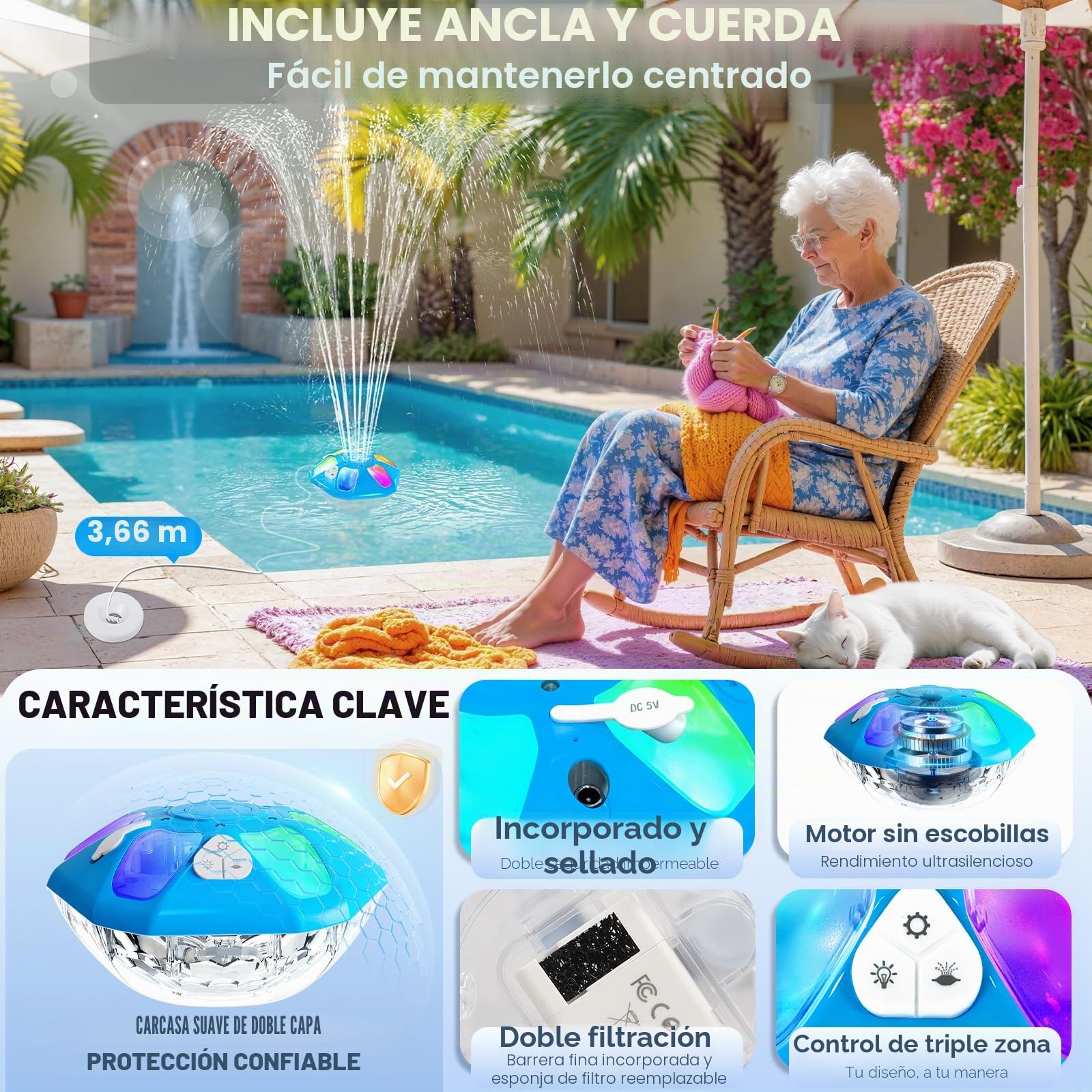 KingSom 2026 Última Fuente Flotante Piscina con iluminación LED Alta y Baja, Fuente de Piscina Recargable con Botón, 2 Modos de Chorro y 12 Modos de Luz,Impermeable IP68 Fuente para Piscinas con Ancla