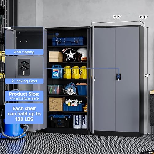 Miniatura 6 de Yizosh Armario de almacenamiento de metal para garaje con cerradura, gabinete de herramientas de bloqueo de 71 pulgadas con 2 puertas y 5 estantes,
