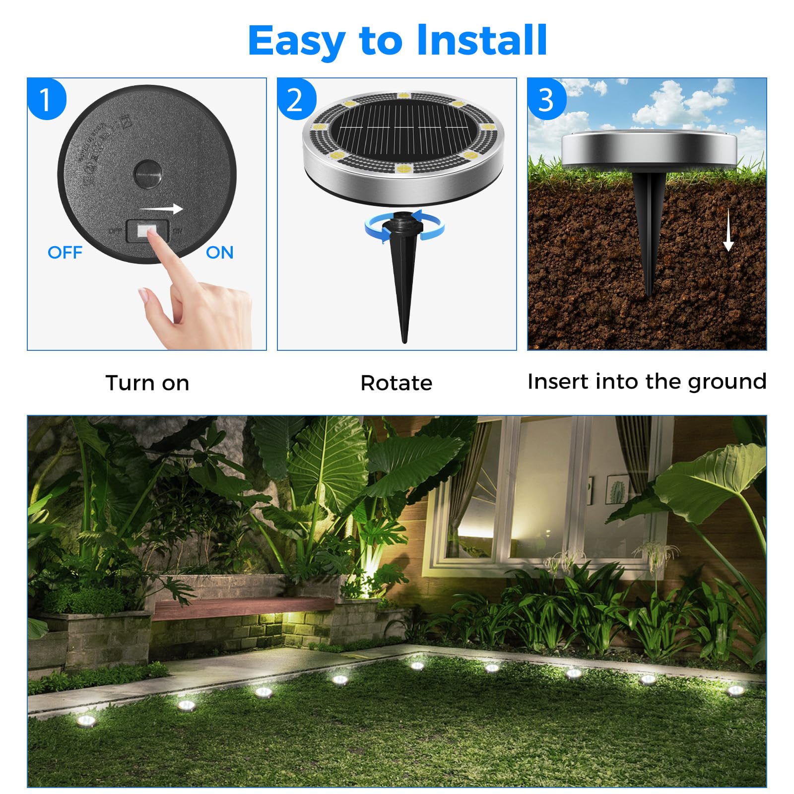 Peasur 12 Packs Solar Lights LED Outdoor Garden Ground, 8 LED Solar Light Outdoor Garden, IP65 Waterproof Solar Lights for Patio, Path, Lawn, Cool White - 5