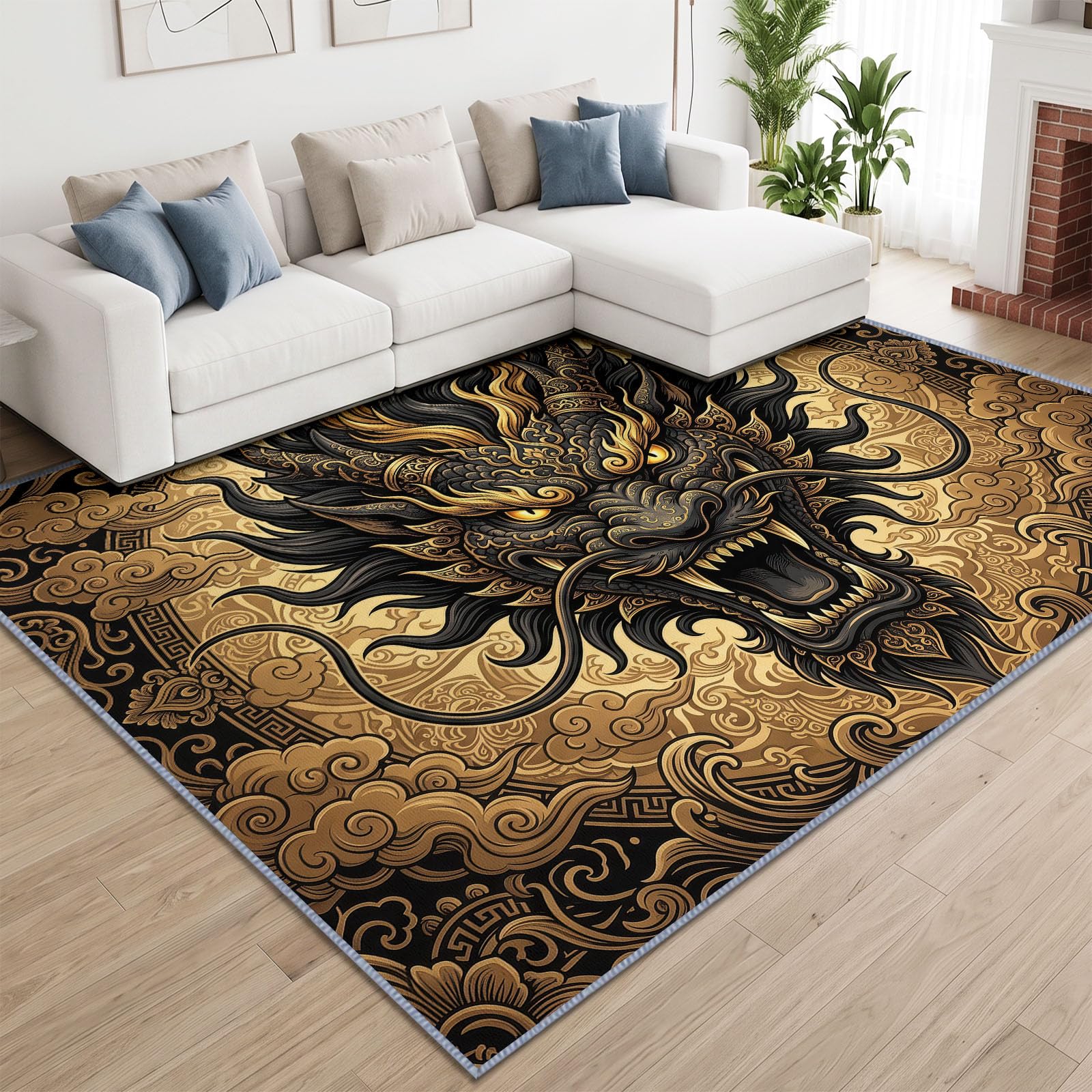 Tête Dragon Noir Nuages Fastes Tapis Salon Antidérapant Lavable 140x200cm