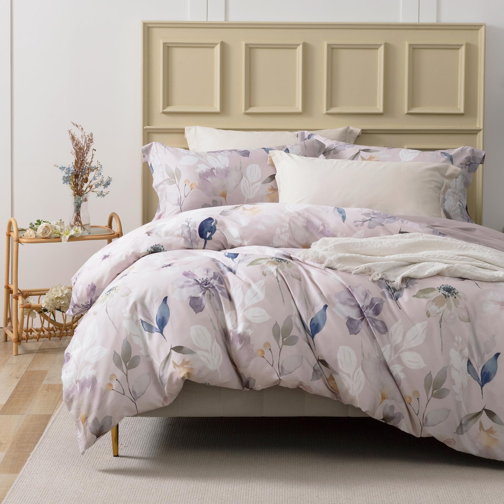 MILDLY100% Long-Staple Cotton Duvet Cover Set Light Gray Pink Floral Leaf Pattern Printed Comforter Cover 3pcs, Ultra Soft & Breathable Bedding SetOEKO-TEX STANDARD 100