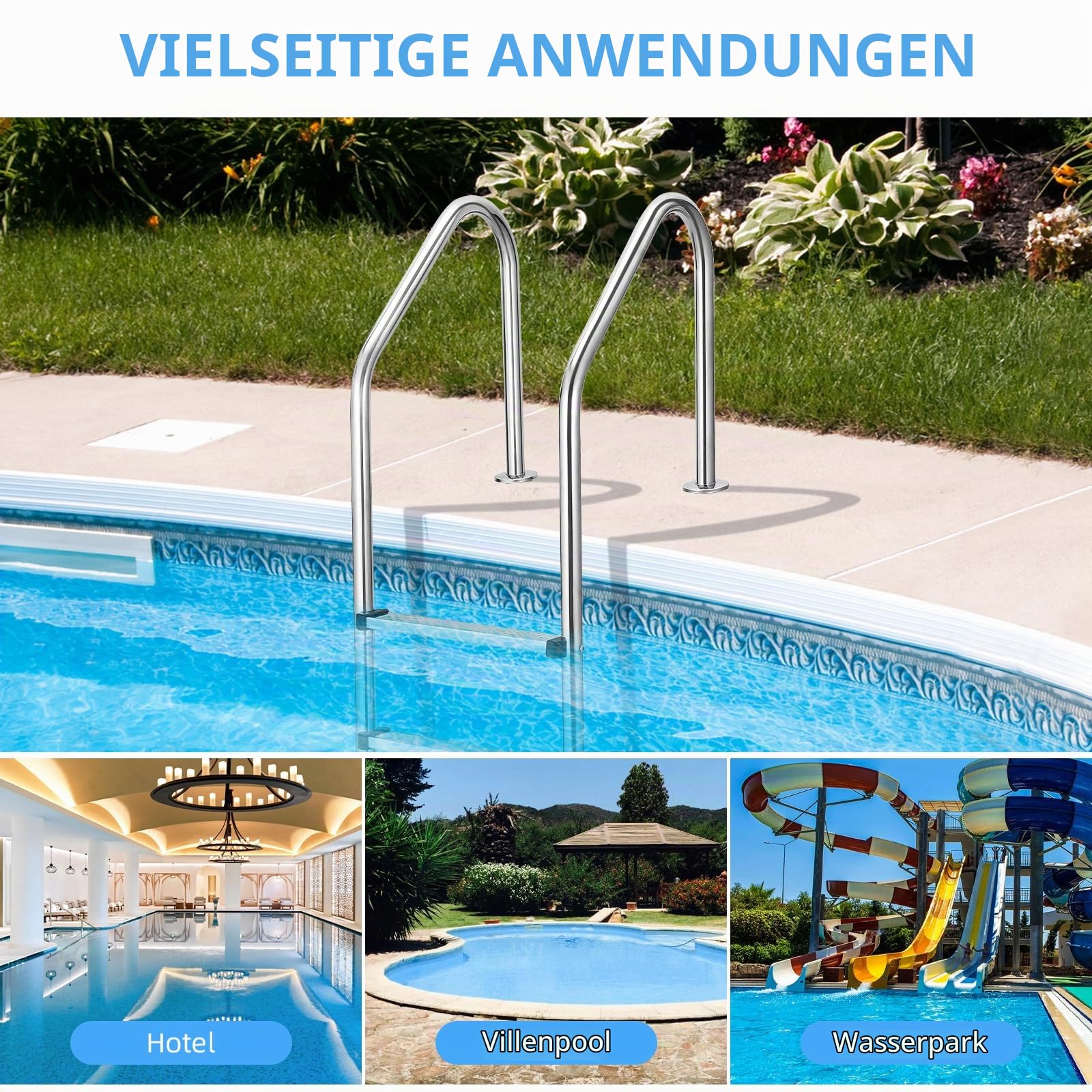 Edelstahl Poolleiter mit 4 Stufen | 50 x 59 x 180 cm - Silber | mit Rutschsicherung | Schwimmbadleiter für Pool und Schwimmbecken | Pool Einstieg, Einbauleiter, Sicherheitsleiter