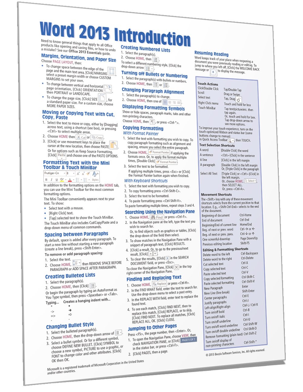 Microsoft Word 2013 Introduction Quick Reference Guide (Cheat Sheet of Instructions, Tips & Shortcuts - Laminated Card)