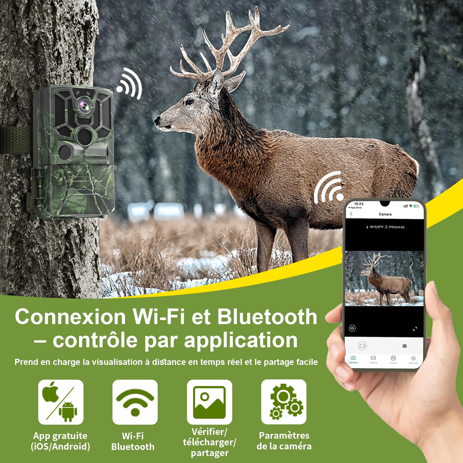 Caméra de Chasse 5K Full HD 60MP WiFi Bluetooth IP66 avec Détecteur de Mouvement Vision Nocturne, Carte 32G et 8 Piles AA