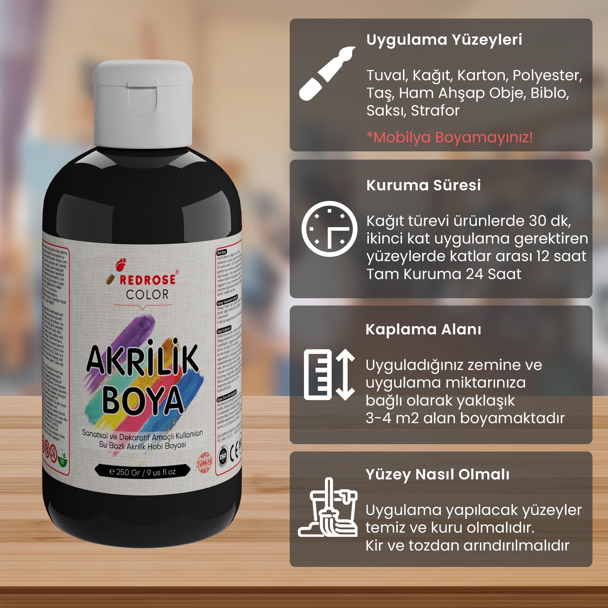 Red Rose Siyah Akrilik Boya 250 gr