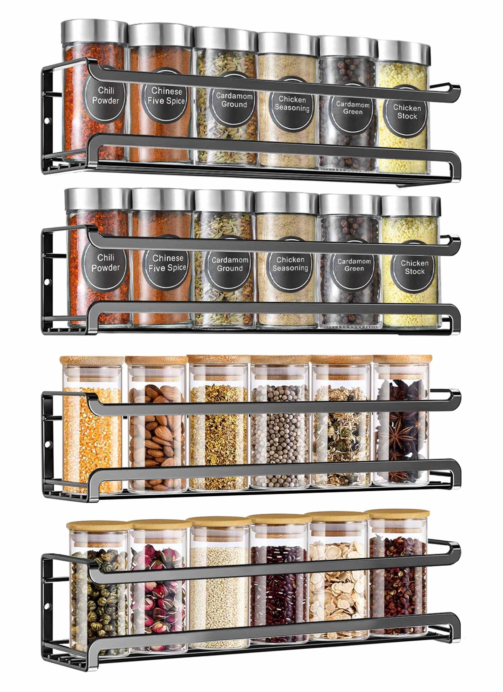 Spice Rack Wall Mounted 4 Pack, Space-Saving Spice Organiser with Adhesive and Screws – Spice Jar Storage Shelf for Inside Cupboard & Kitchen Door(Black)