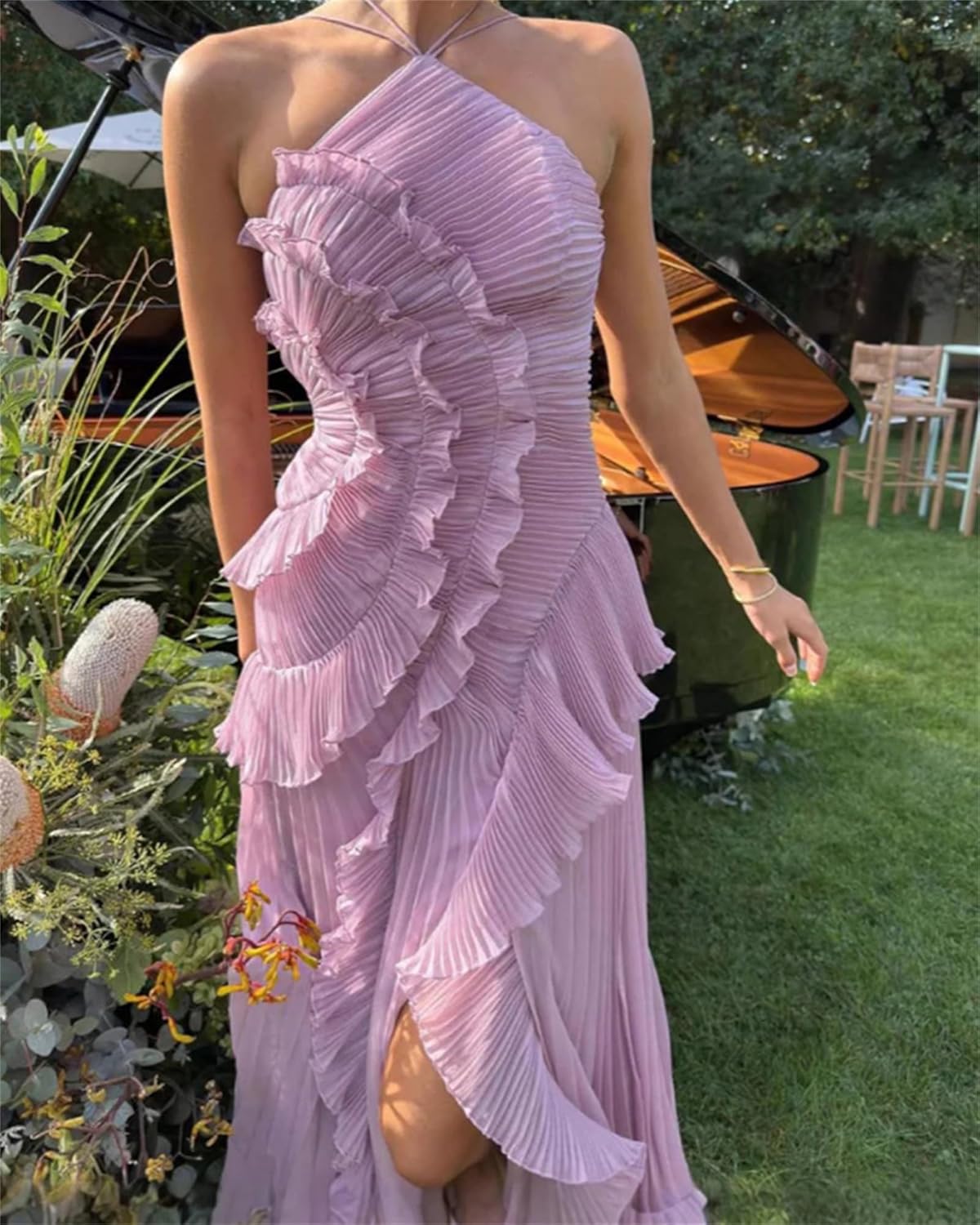 Pleated Lotus Edge Maxi Dress for Women, Backless Halter Sleeveless Asymmetrical Ruffled Tiered Chiffon Flowy Formal Dress