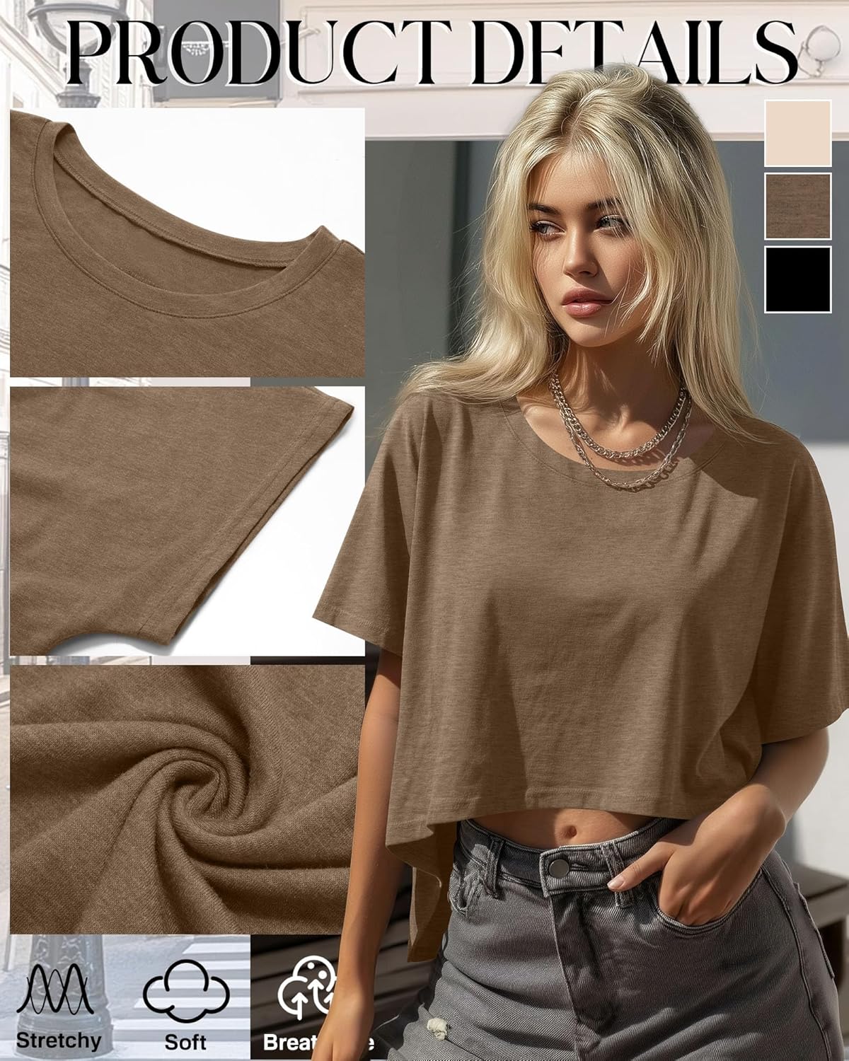 Huukeay 3 Pack Women's Oversized Cropped T Shirts Short Sleeve Loose Summer Crop Tops Casual Crewneck Irregular Hem Baggy Tee - Image 3