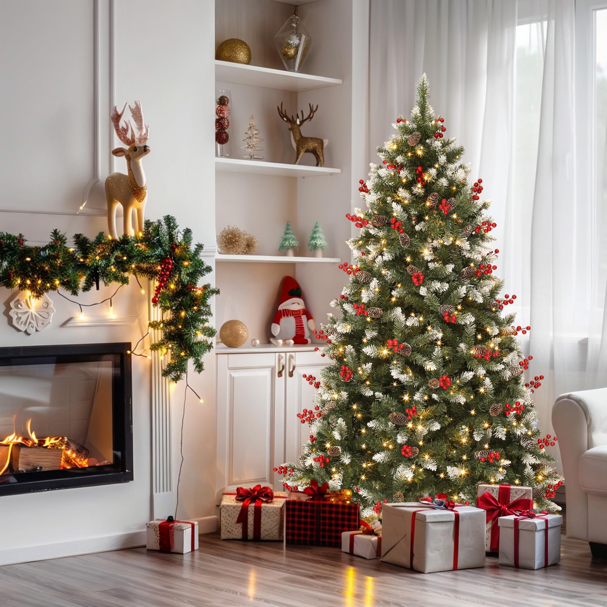 Uten Artificiale Albero di Natale 180 cm, Deluxe PE Albero Neve Decorazione per Interni, 850 Punte PVC e PE Aspetto Naturale Rami, 31 Gruppo Bacche Rosse, Ramo Cerniera, Riutilizzabile