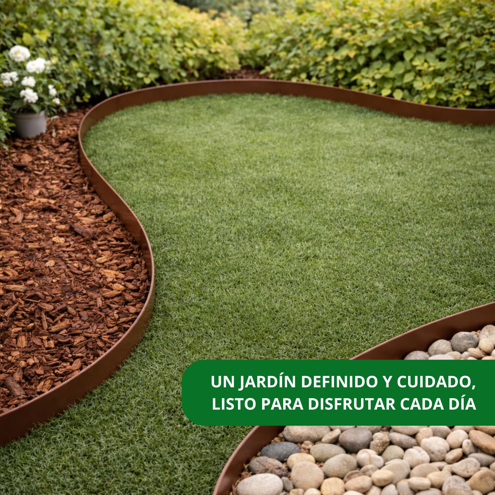 PLANTAWA Borde para Césped Artificial Marrón 10m, 30 piquetas | Delimitación y Fijación del Perímetro, Contención de Materiales y Acabado Profesional | Flexible, Discreto y Resistente para Jardín