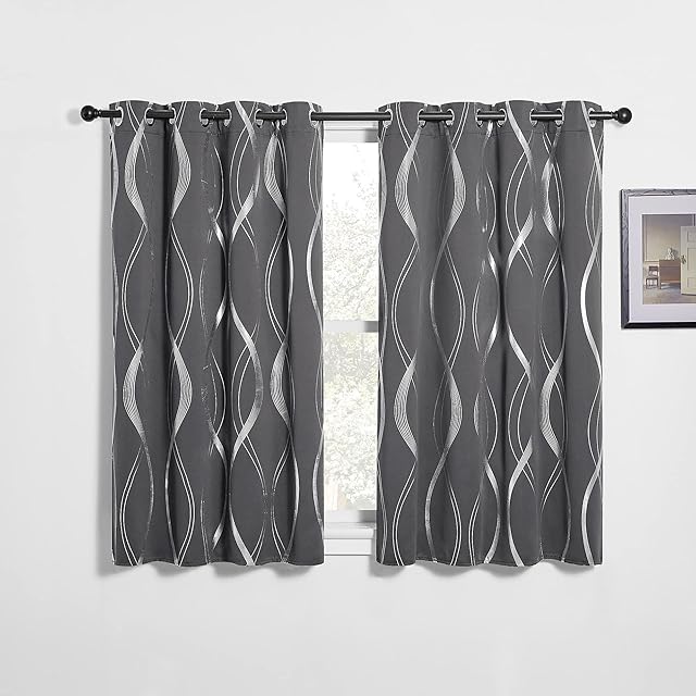 PONY DANCE Grey Blackout Curtains for Kids Bedroom - Pair of 46 x 54 Inch Short Eyelet Curtains for Living Room Thermal Curtain Soundproof Silver Wave Line Foil Printed Grey Curtains