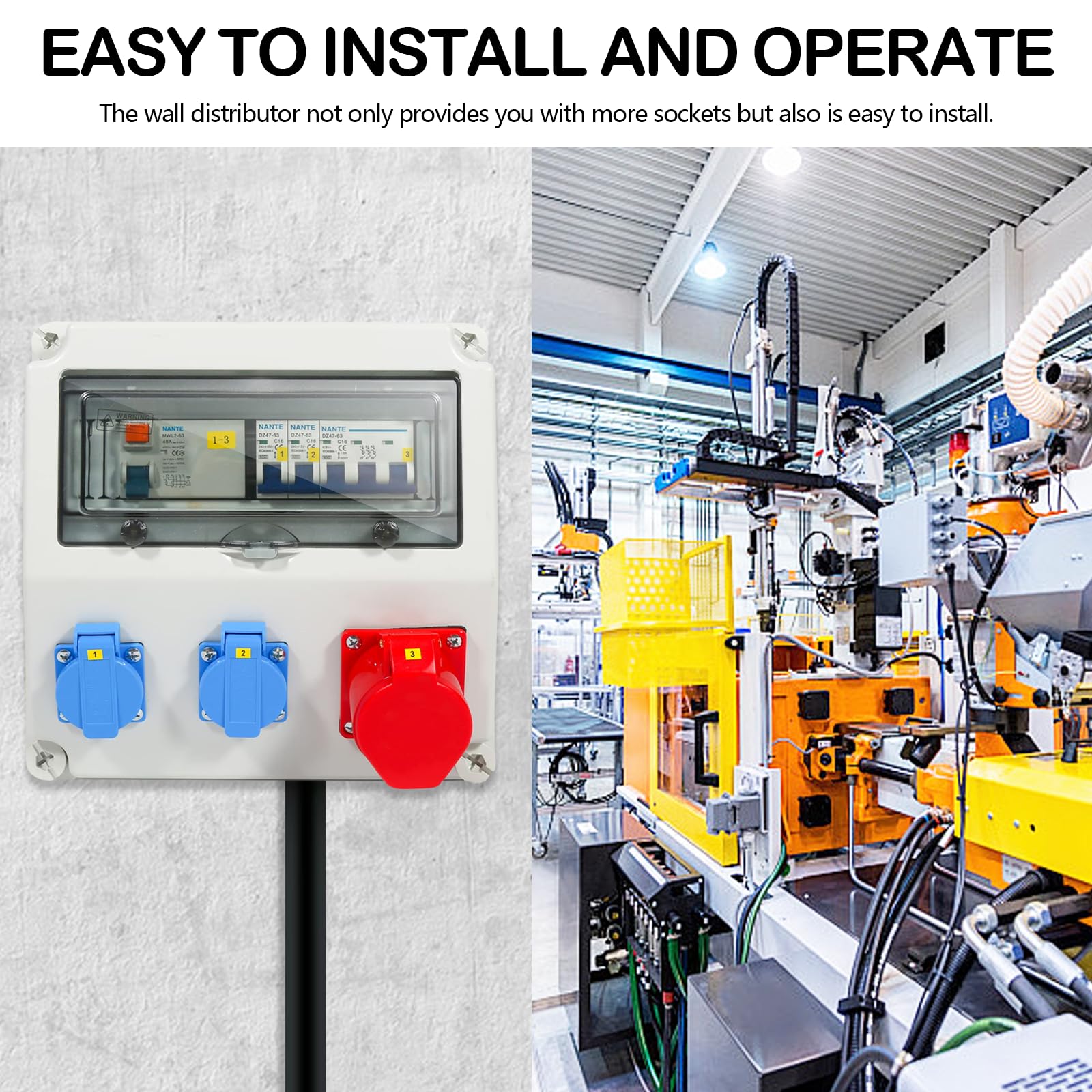 Caja Distribución Montada Superficie, Caja Fusibles Superficie Armario Distribución Ip65 con LS+FI Distribuidor de Corriente CEE 1 x 16 A + 2x 230 V con Tapa de Seguridad para Talleres y Fábricas