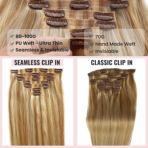 Miniatura 9 de Extensiones de cabello humano real con pinzas, balayage de color marrón a castaño ceniza y rubio claro, extensiones de cabello Remy real de 12