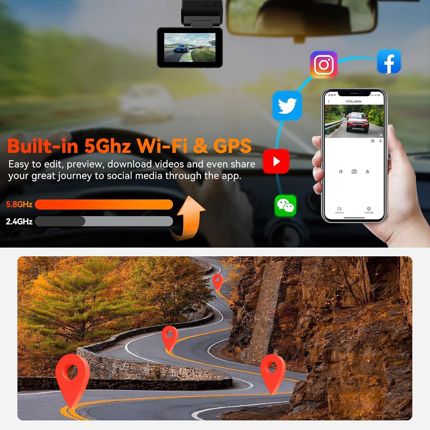 PAPAGO G500 Dash Cam with smartphone app showing Wi-Fi and GPS features