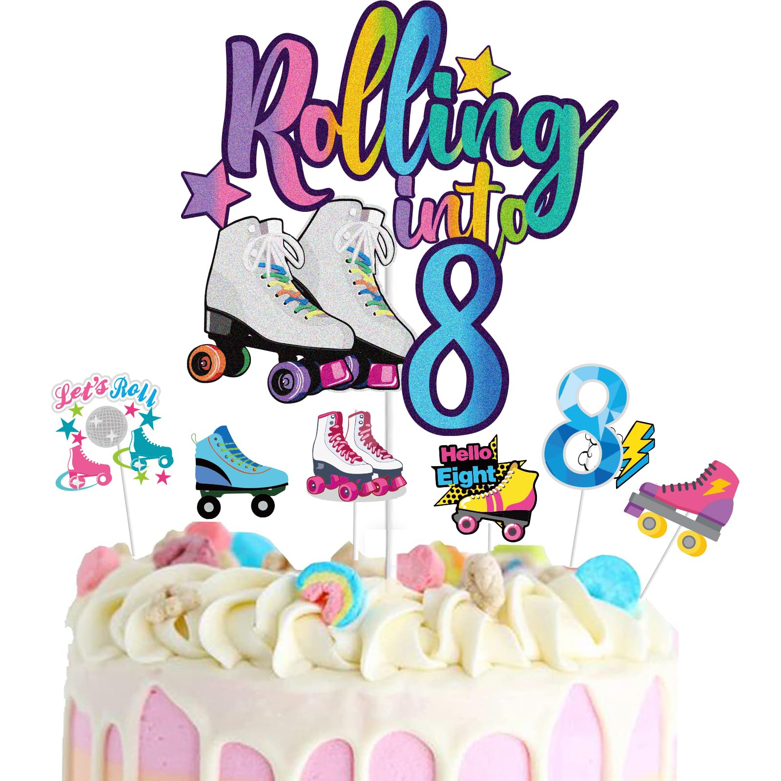 7Pcs Rolling into 8 Theme Cake Toppers Sets Roller Skate Happy 8th Birthday Themed Set Cake Decoration Girls Club Rolling 8 Years Old Supplies Girls Retro Colorful Hip Hop