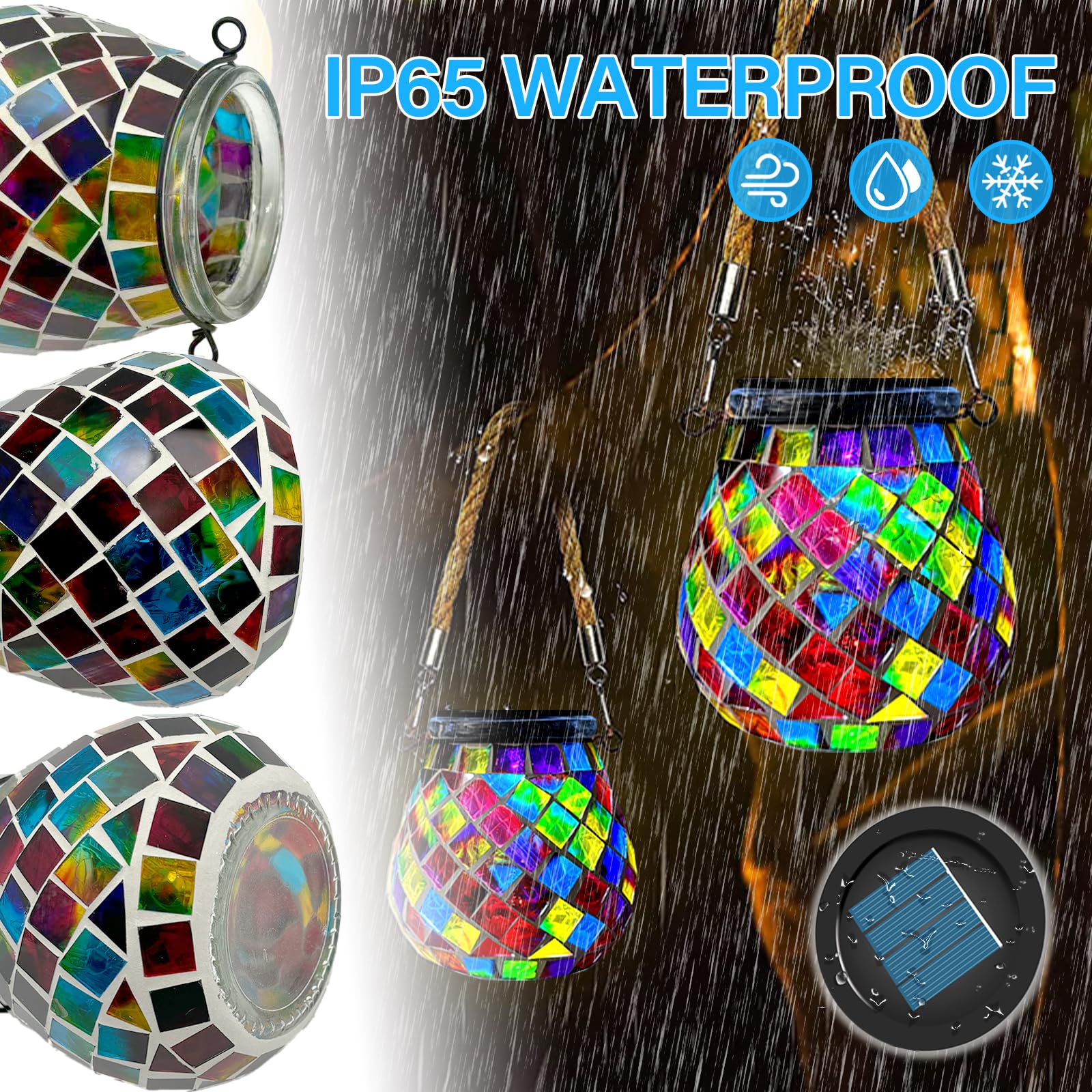 1 pz Luci solari ovali a mosaico esterno, on/off, in vetro, da appendere, a mosaico, luci solari IP65 impermeabili per tavolo, prato, sentiero, cortile, ponte, recinzione, luce rossa quadrata