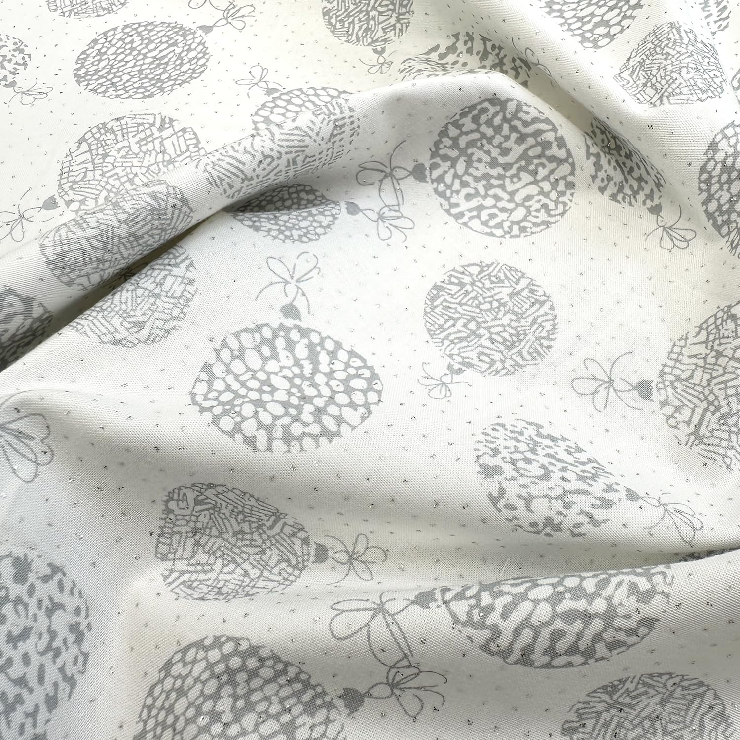 Glamour Secrets White Christmas Fabric - Silver Glitter Baubles On - Cotton Craft Fabric Material Metre