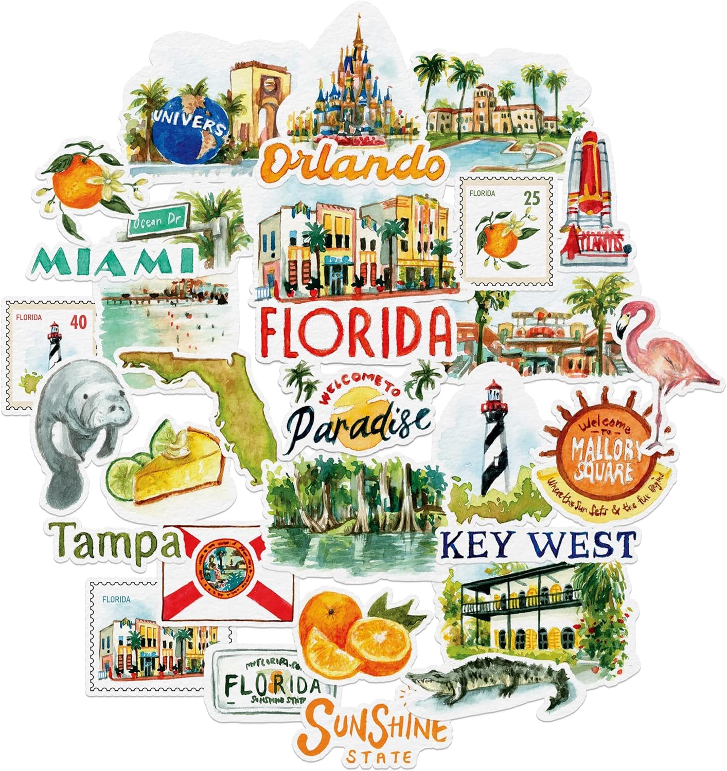 Navy Peony Retro Florida Statement Stickers - Hand-Illustrated Watercolour, Glossy, Waterproof - for Suitcases, Laptops, Water Bottles (31-Piece Set)