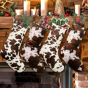 4 Pcs 13.4 Inch Christmas Western Cow Print Stockings Large Stockings Christmas Ornaments Animal Plush Faux Fur Farmhouse Family Fireplace Holiday Xmas Tree Decorations