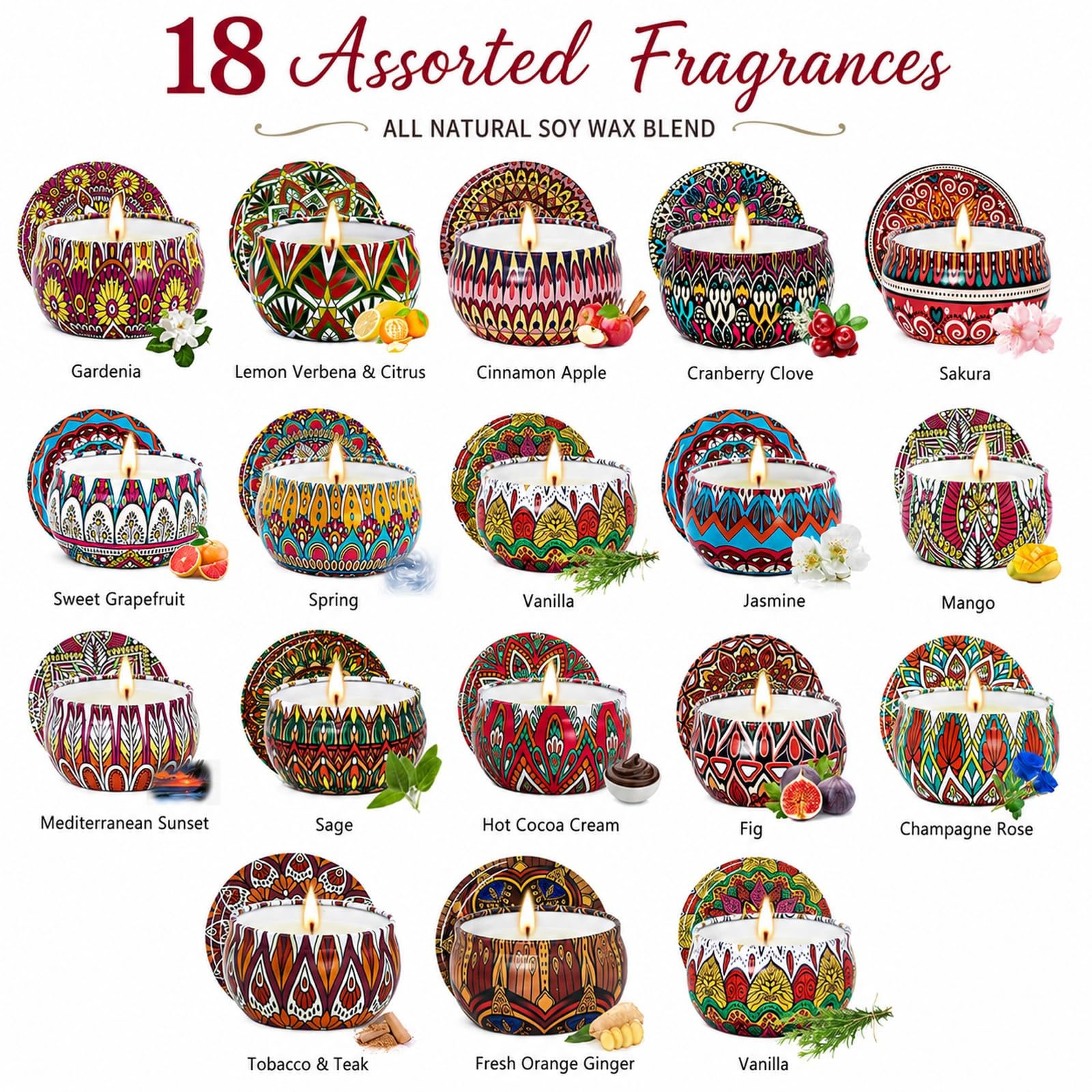 Set regalo di candele profumate, confezione da 18 candele in cera di soia, 70 g, barattoli decorativi in metallo con fragranze assortite, contenitori riutilizzabili in ferro per casa, bagno, spa, yoga