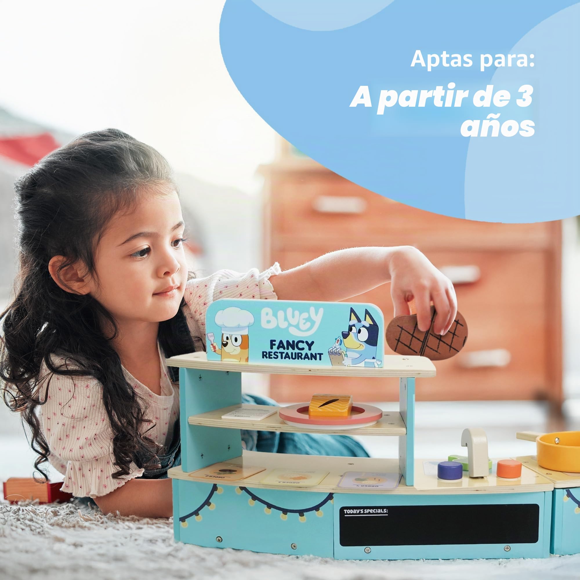 Bluey Juego de mesa para restaurante, cocina de madera para niños con horno, fregadero, nevera y accesorios de cocina, juguete de madera certificado FSC para juegos de rol imaginativos, a partir de 3