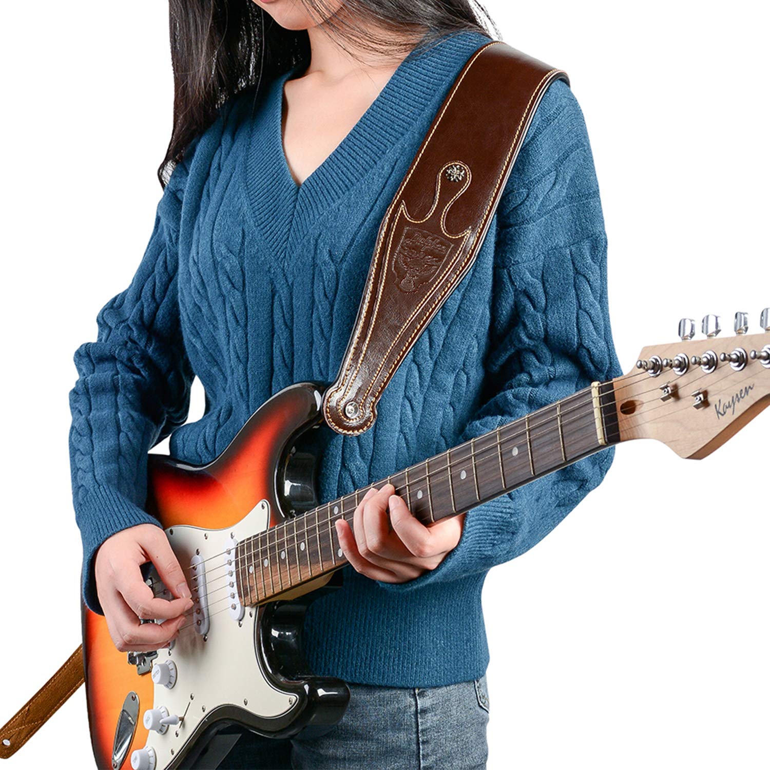 Correa de cuero para guitarra, correa de guitarra de piel auténtica de 3.15 pulgadas con forro de gamuza y cuero para bajo, guitarra eléctrica y guitarra acústica (marrón)