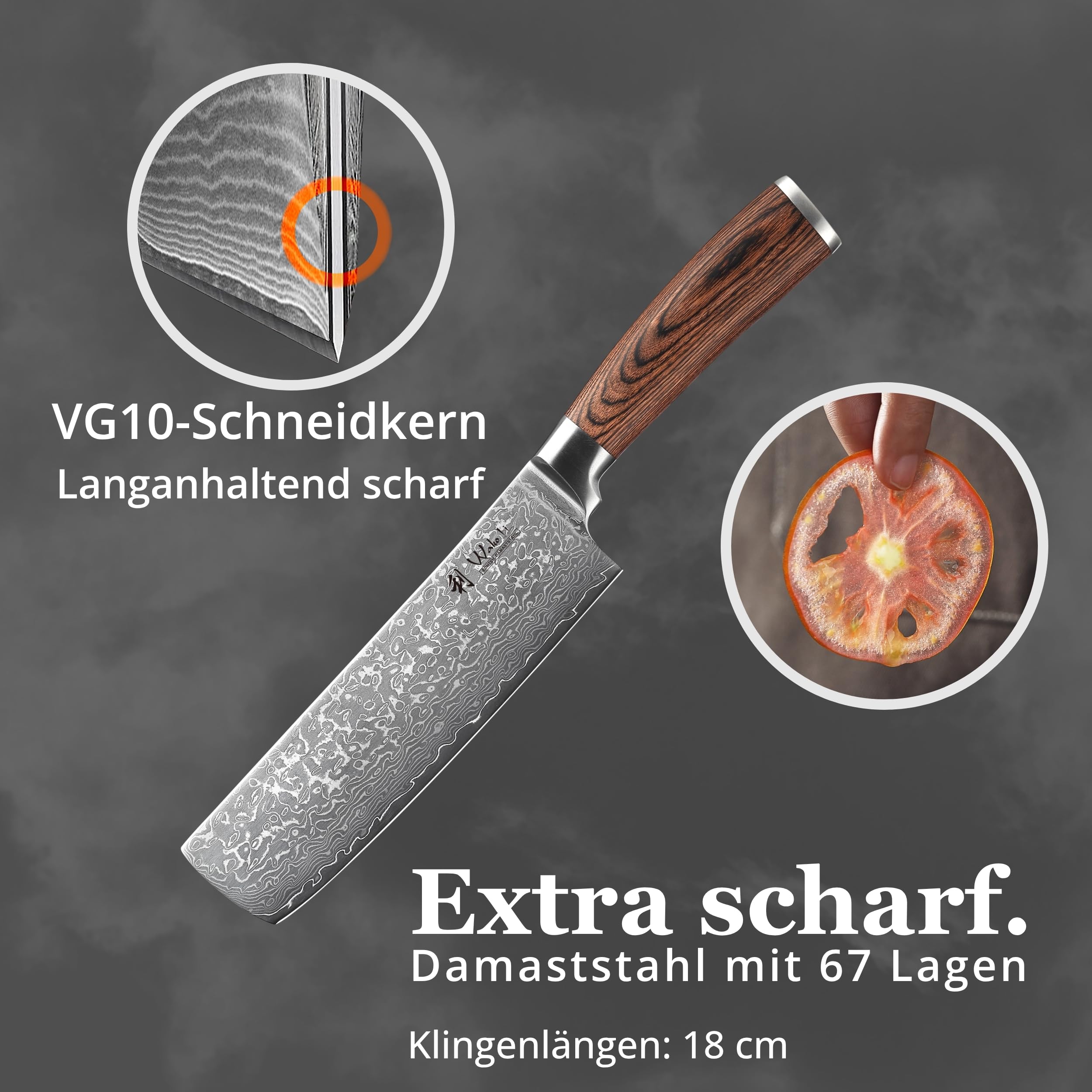 Wakoli EDIB Sakura Nakiri Messer mit 18 cm Klinge aus 67 Lagen Damaststahl mit VG10 Kern, Pakkaholzgriff, in Geschenkbox für Gemüse, Kräuter und feine Schneidarbeiten