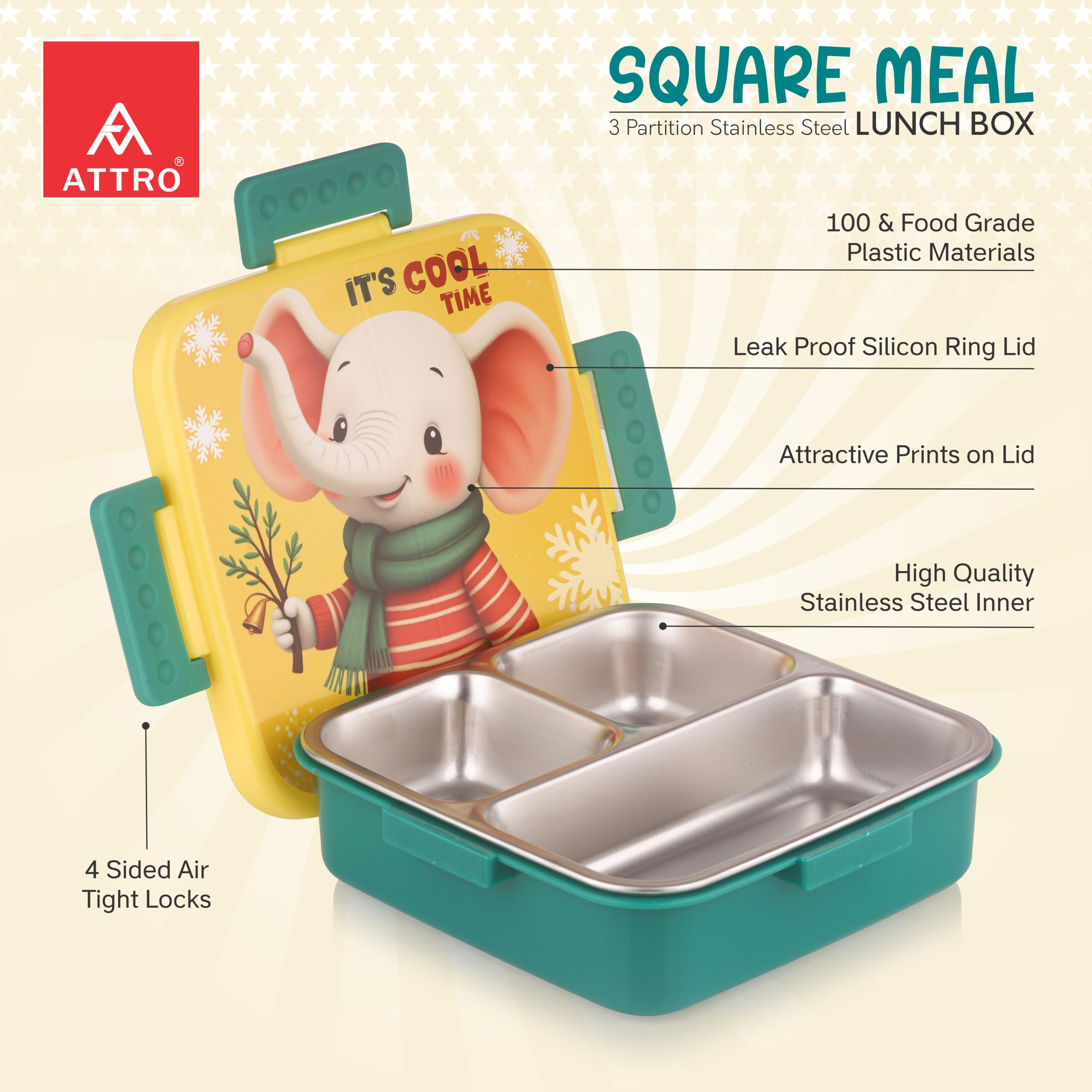 ATTRO Kids Lunch Box - Stainless Steel 3 Compartment -2