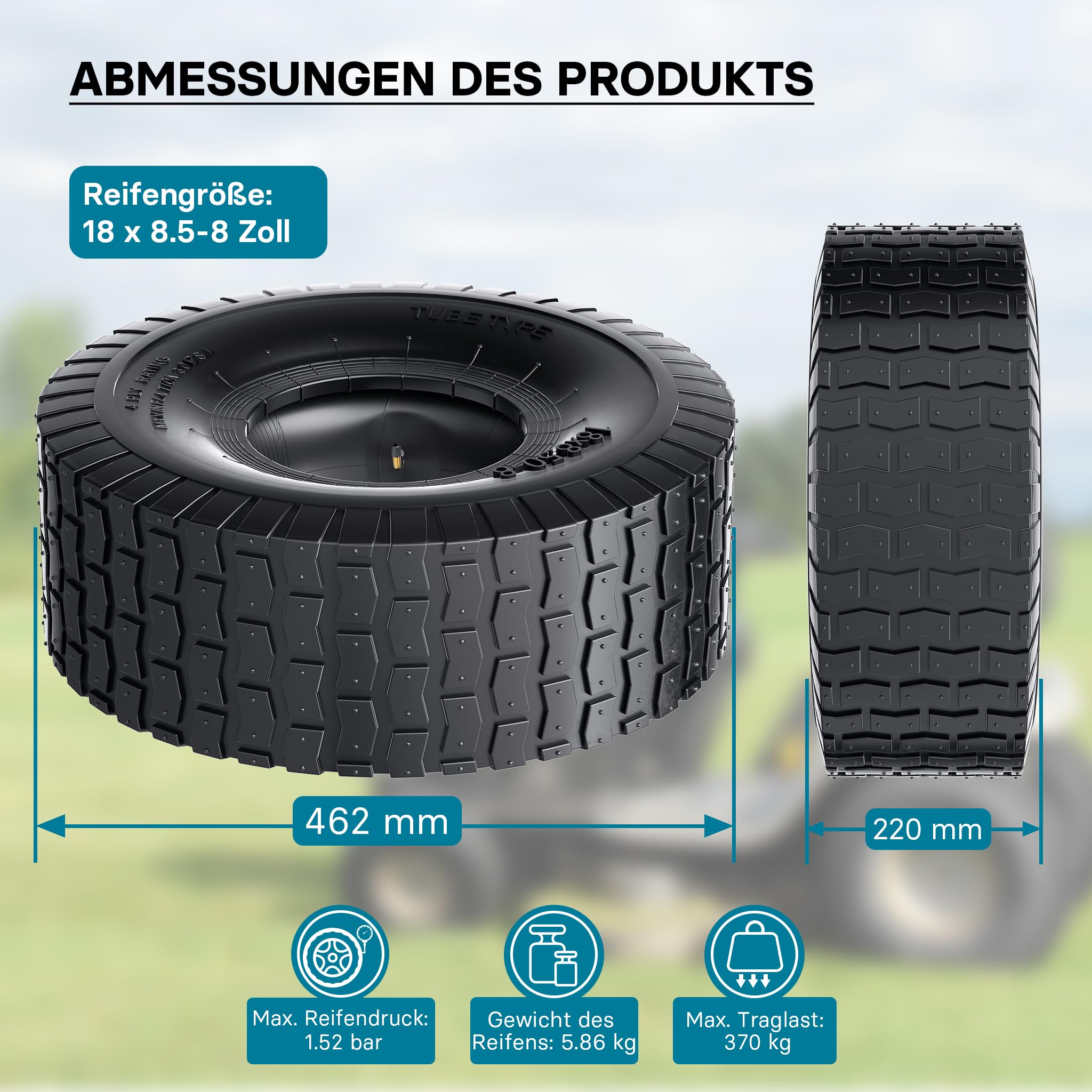Wiltec Reifen für den Aufsitzmäher 18x8.50-8 4pr mit Schlauch und Winkelventil Komplettrad Rasentraktor