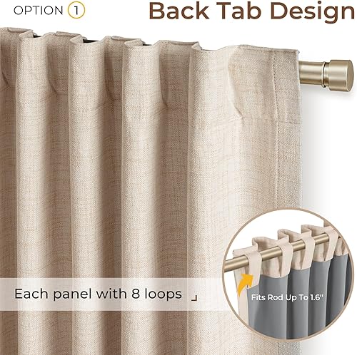 Miniatura 3 de INOVADAY Cortinas 100% opacas de 84 pulgadas de largo, juego de 2 paneles de lino con pestaña trasera y bolsillo para barra, cortinas opacas para