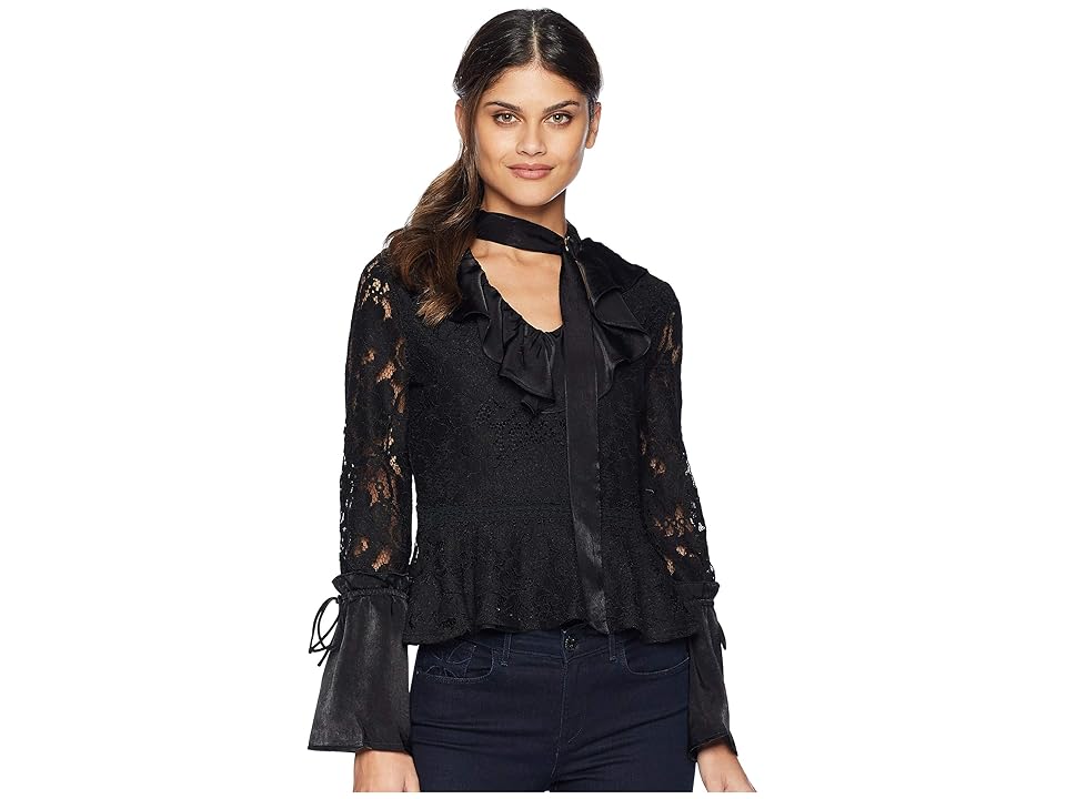 

MOON RIVER Lace Satin Top (Black) Women's Clothing