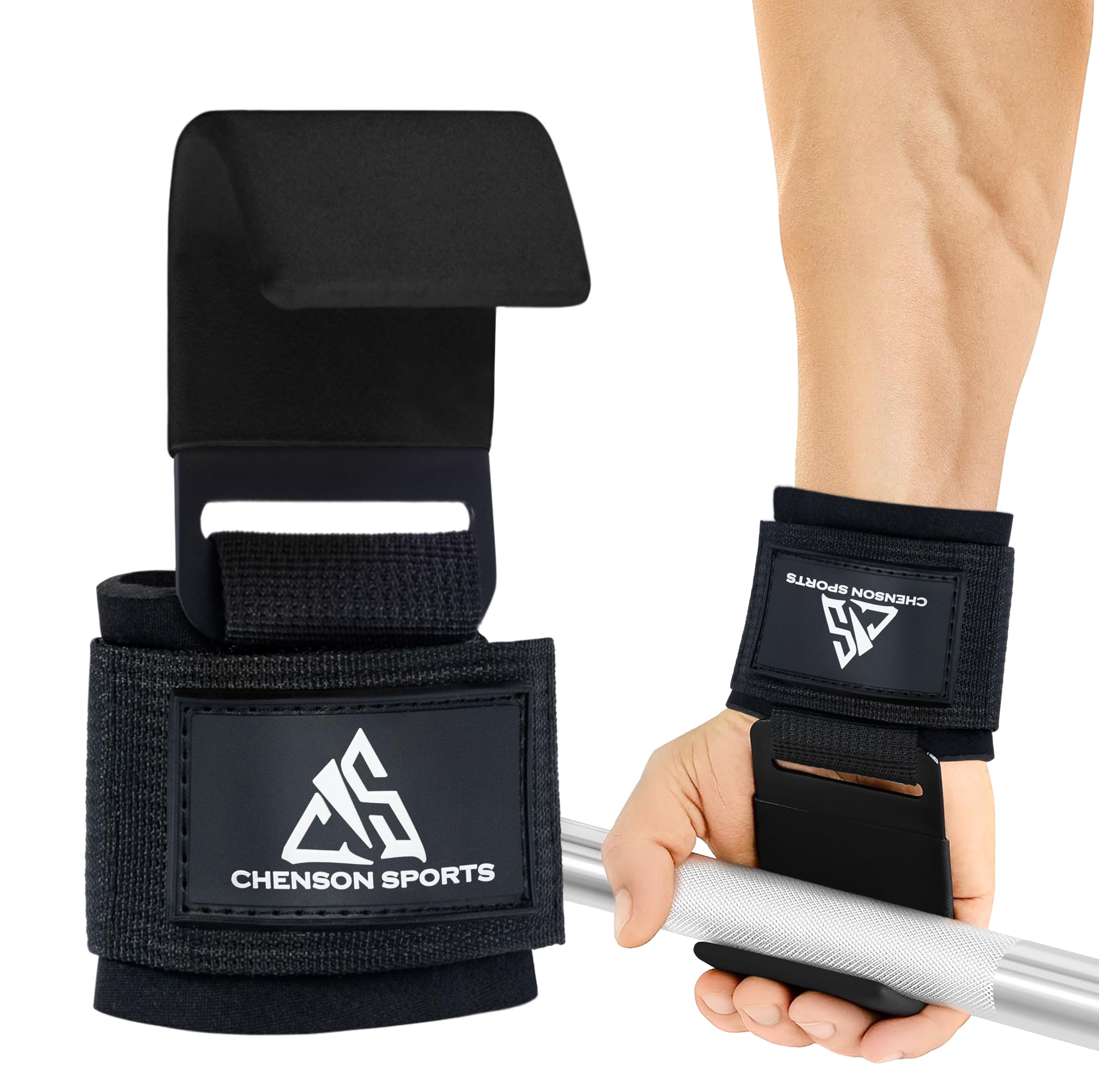 Chenson Sports Weight Lifting Hooks (Pair) – 600LBS Capacity with 8MM Neoprene Wrist Support, Non-Slip Steel Hooks for Deadlifts, Pull Ups, Rows, Shrugs – Anti-Rip Nylon Power Straps (Black)