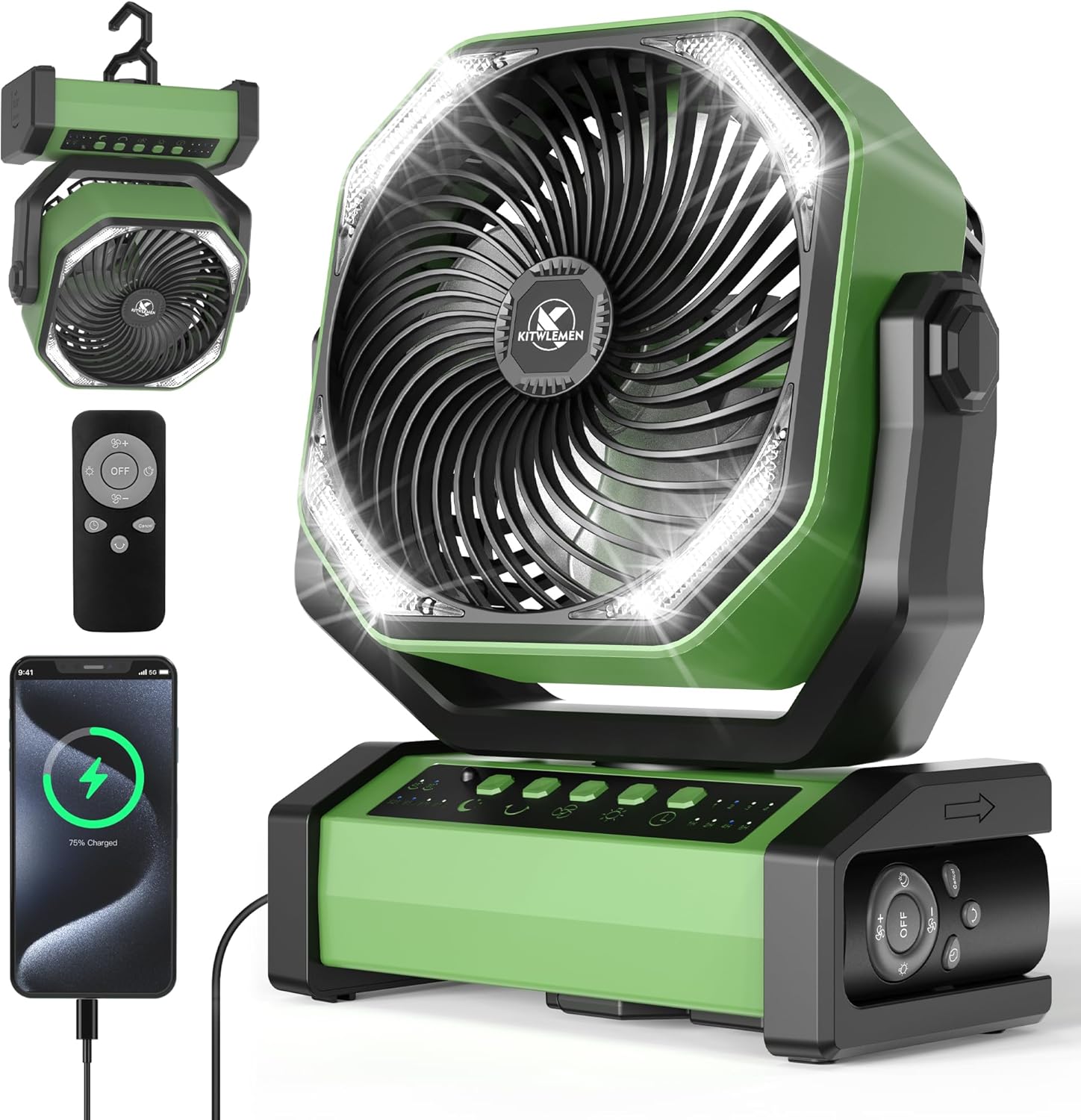 KITWLEMEN Camping Fan with Light, showing charging port and remote control.