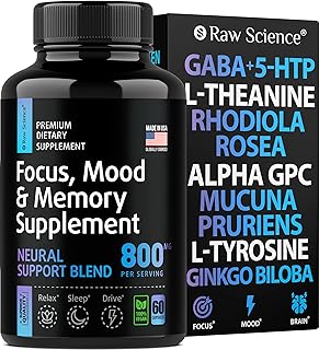 5-HTP Focus & Memory Supplement, Nootropic Brain Support with 5HTP, Alpha GPC, L-Tryptophan 100mg, Griffonia Simplicifolia, Mucuna Puriens Extract, L-Tyrosine, Ginkgo Biloba for Men Women, 60 Capsules