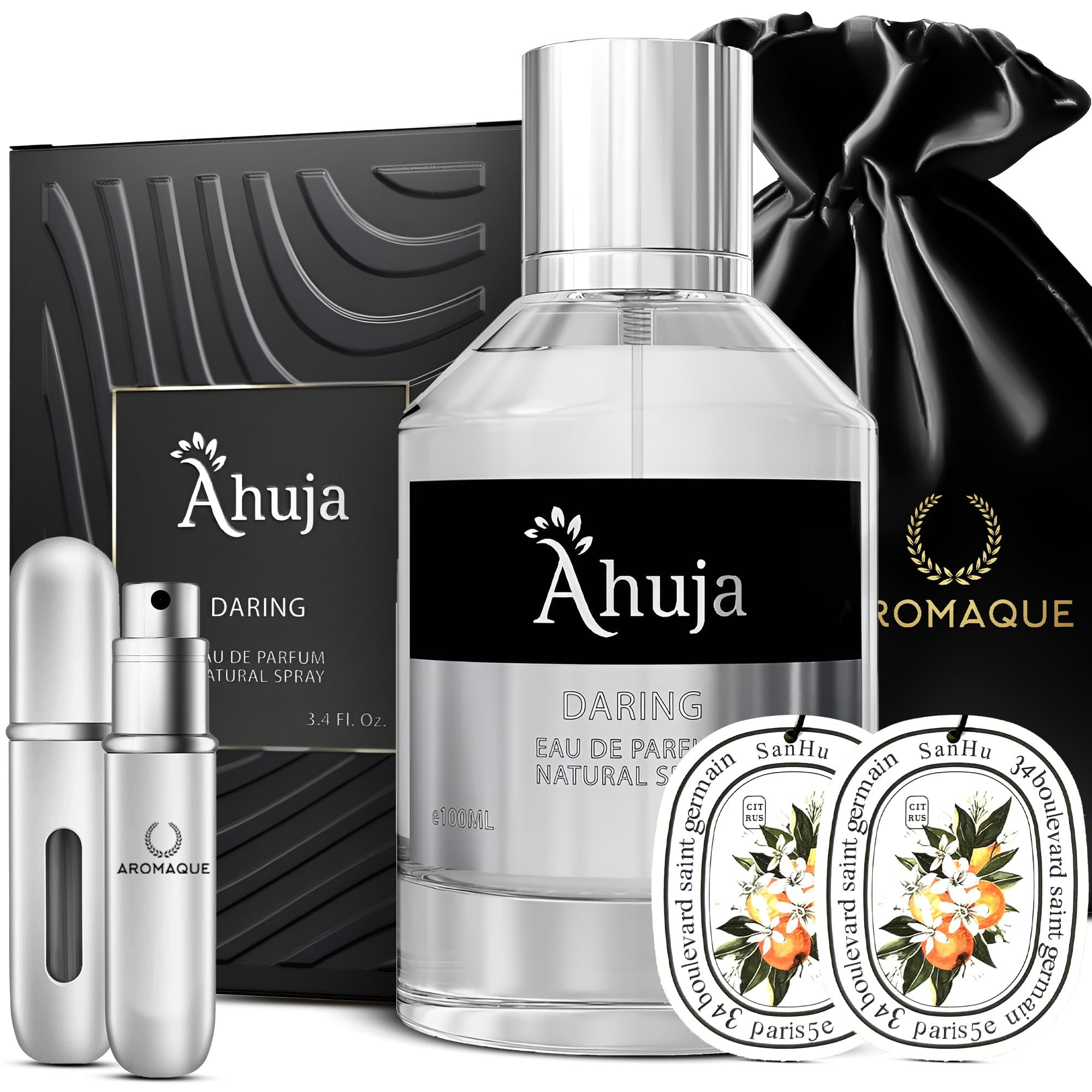 Ahuja Daring Eau De Parfum Cologne for Men - 3.4 fl oz | Long-Lasting Scent for Confident Men | Includes 1 Empty Refillable Bottle, 2 Scented Cards, Satin Gift Bag