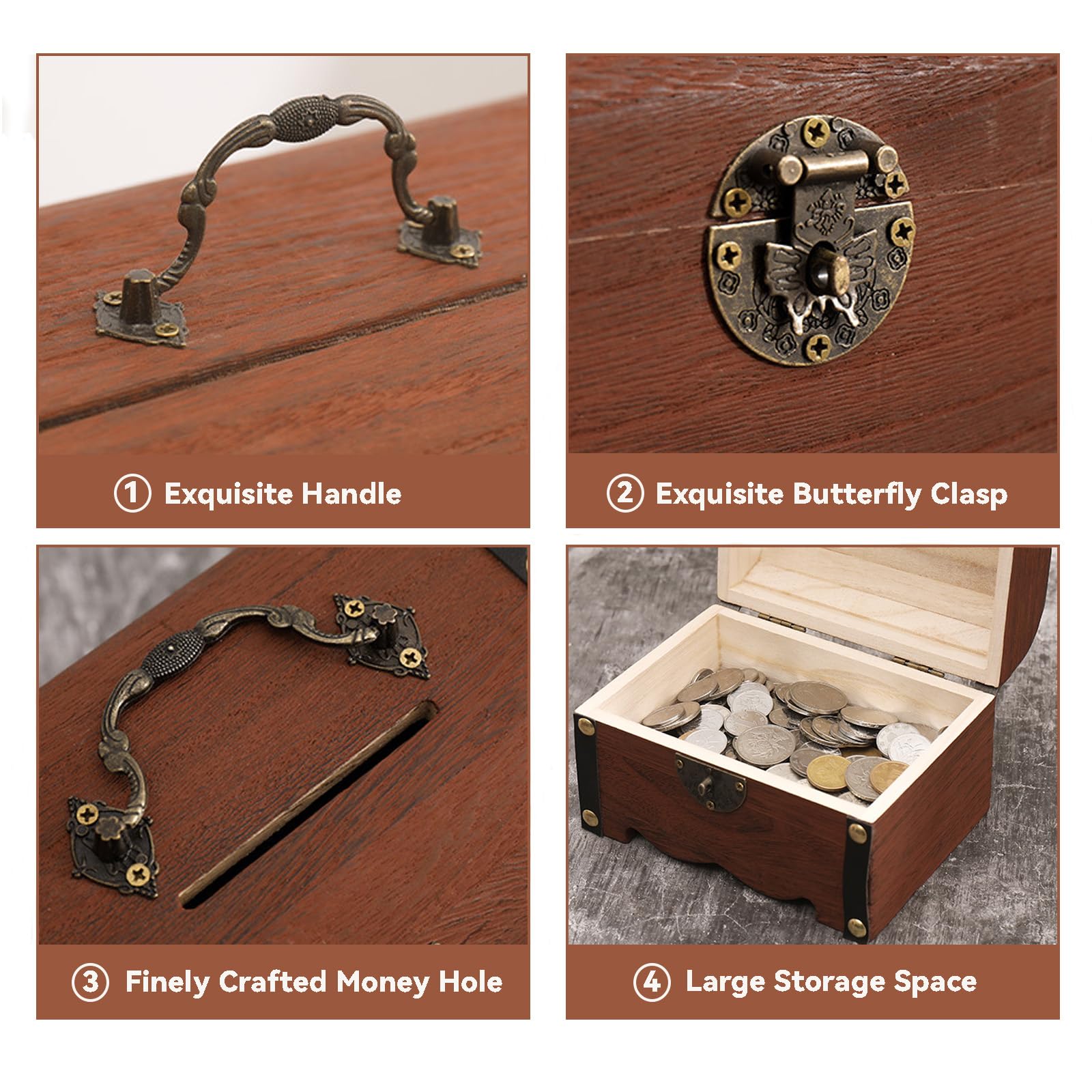 Ragyzity Wooden Piggy Bank, Money Saving Bank with Lock, Creative Vintage Wooden Box, Rustic Small Decorative Coin Bank, Gift for Boys and Girls