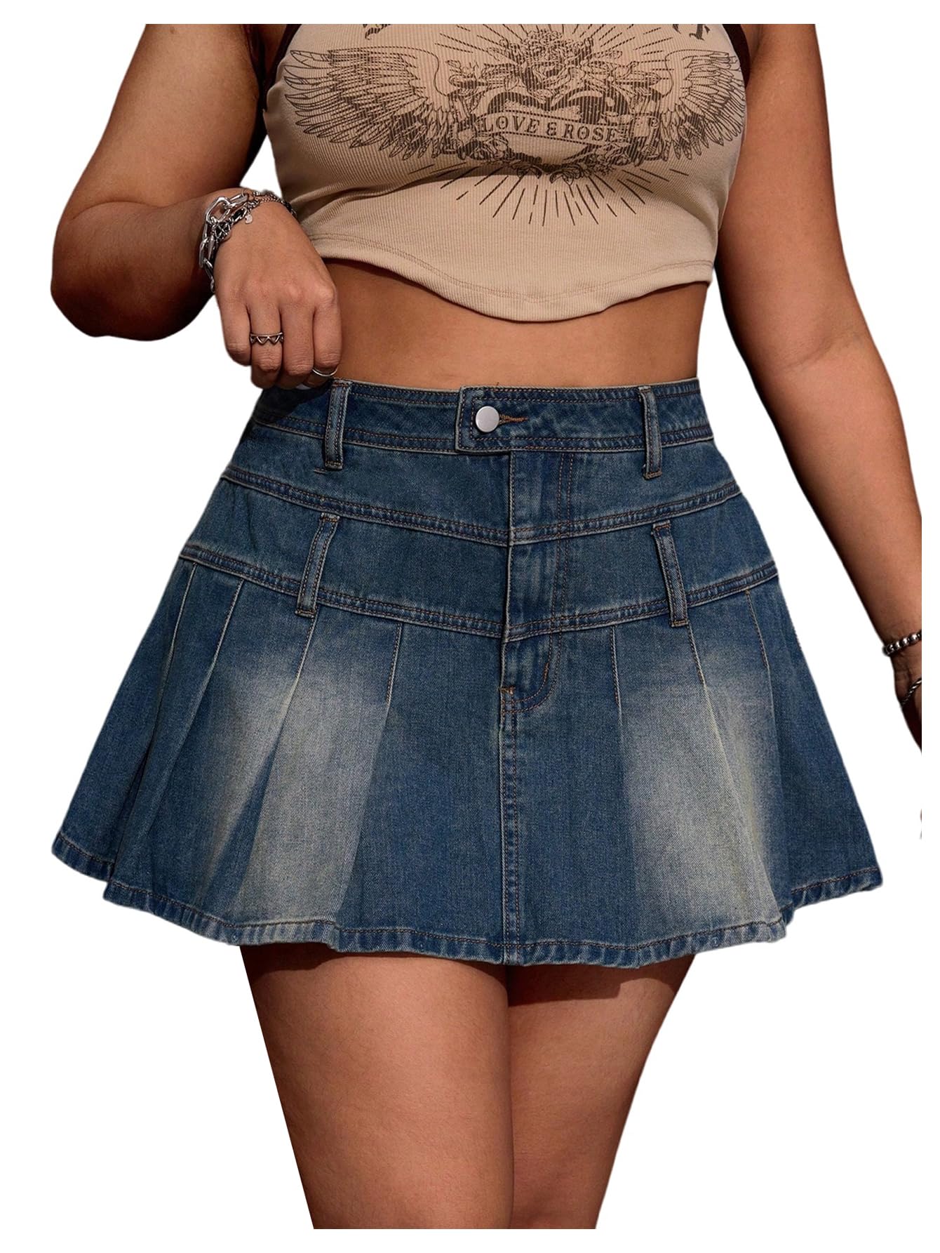 Womens Plus Size Pleated Denim Skirt Y2k Zipper High Waist A Line Jean Skirts