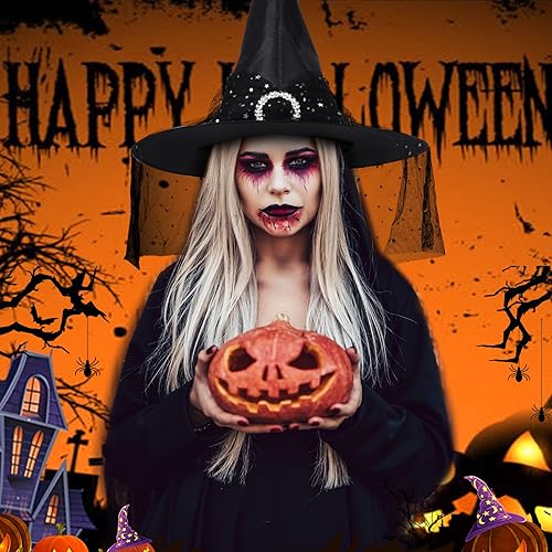 Miniatura 5 de Janmercy 3 piezas de sombrero de bruja de Halloween, accesorios de cosplay para mujeres, suministros de fiesta de Halloween, morado, negro y naranja